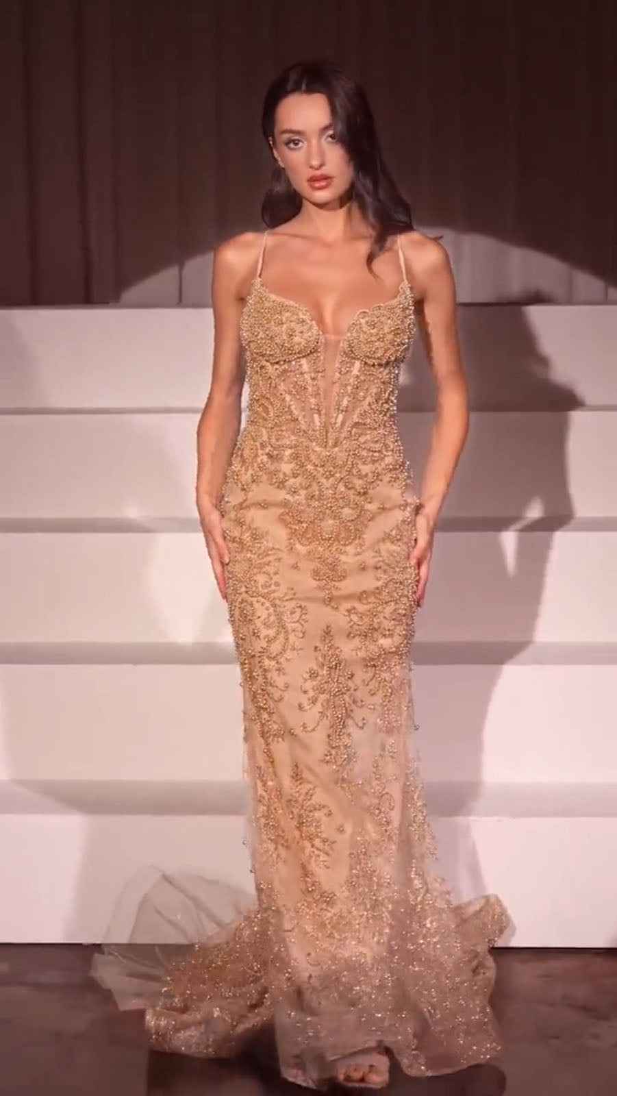 Ladivine CC2403 Dress Pearl & Lace Embellished Fit & Flare Gown
