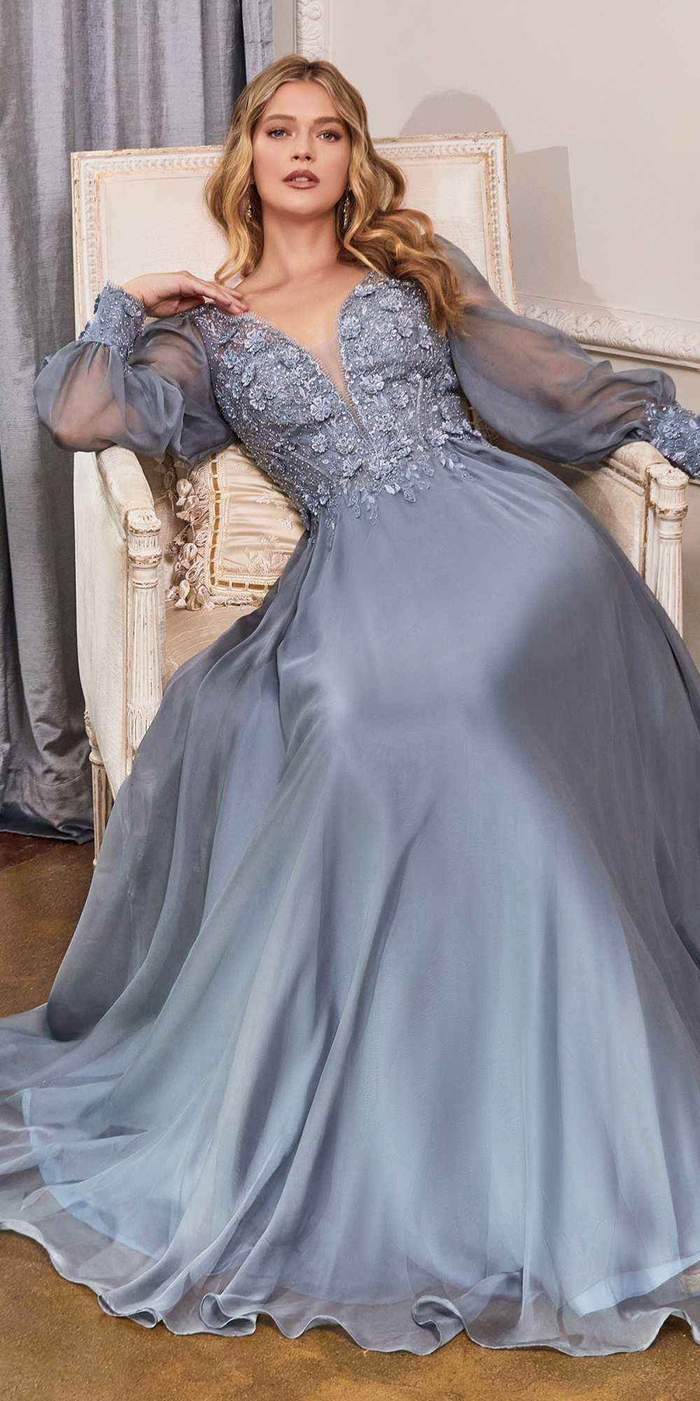 Cinderella Divine CD0183 Puff Long Sleeve Chiffon Formal Gown
