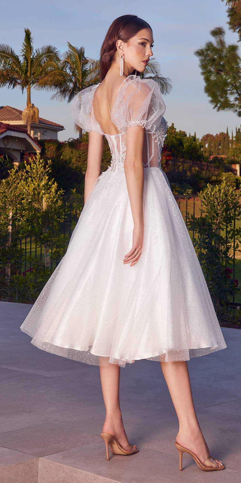 Ladivine CD0187W Tea Length Layered Tulle Dress with Short Puff Sleeves
