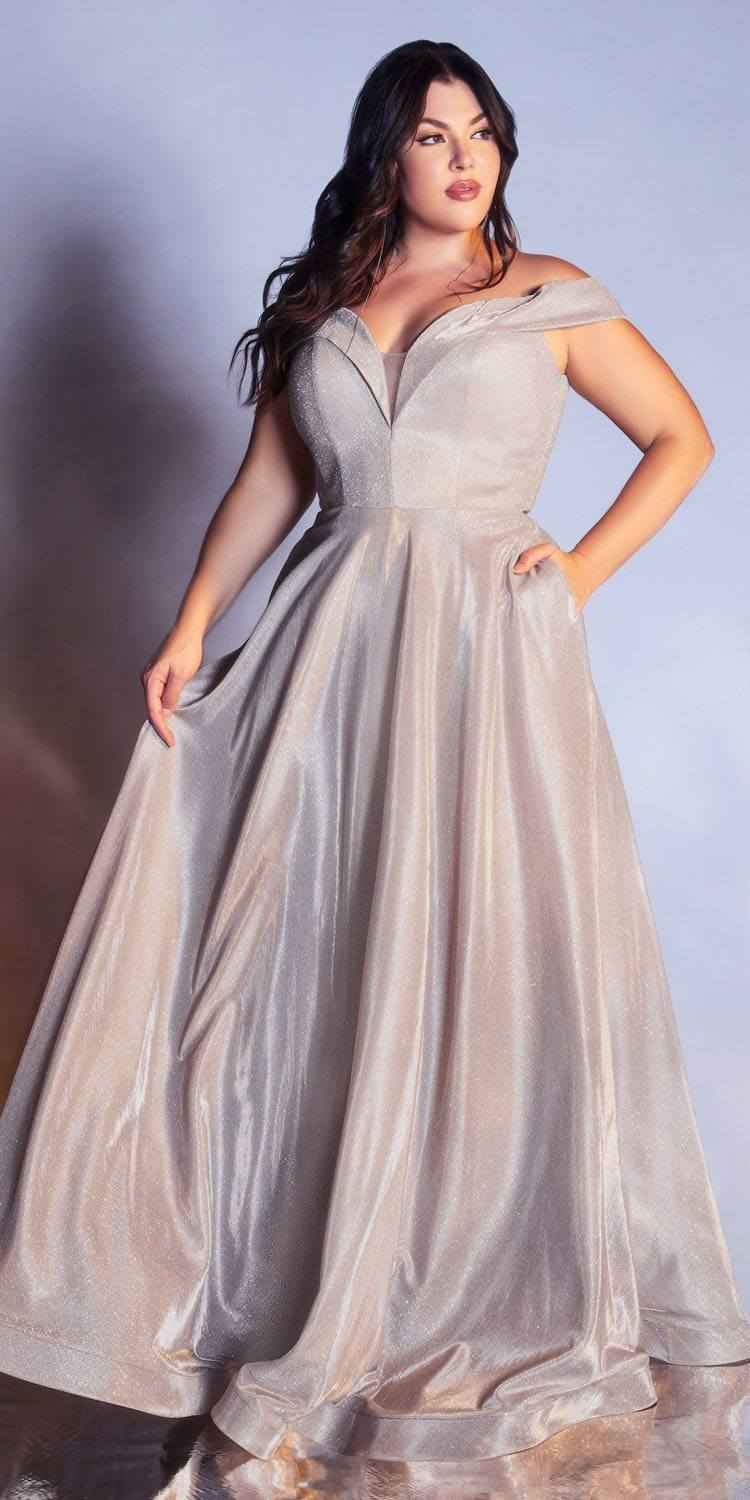 Cinderella Divine CD210C Off The Shoulder A-Line Gown Metallic Glitter