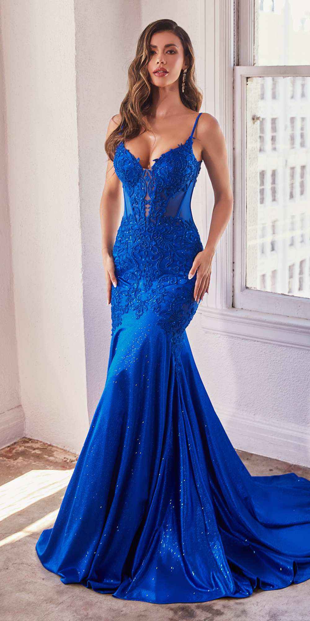 Ladivine CDS470 Long Stretch Satin and Glitter Boned Mermaid Gown