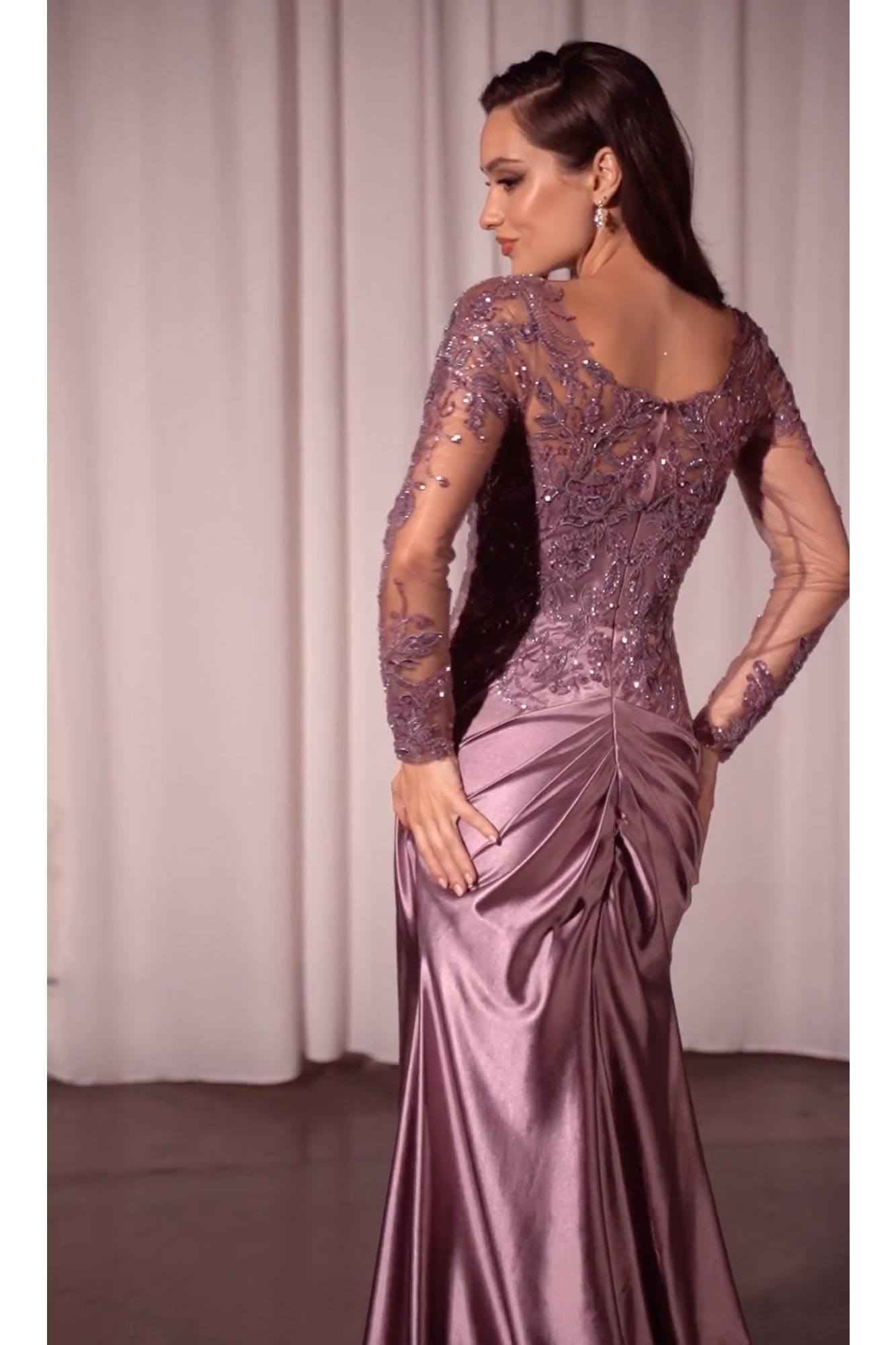 Ladivine CDS505 Dress Lace Long Sleeve Satin Fitted Gown