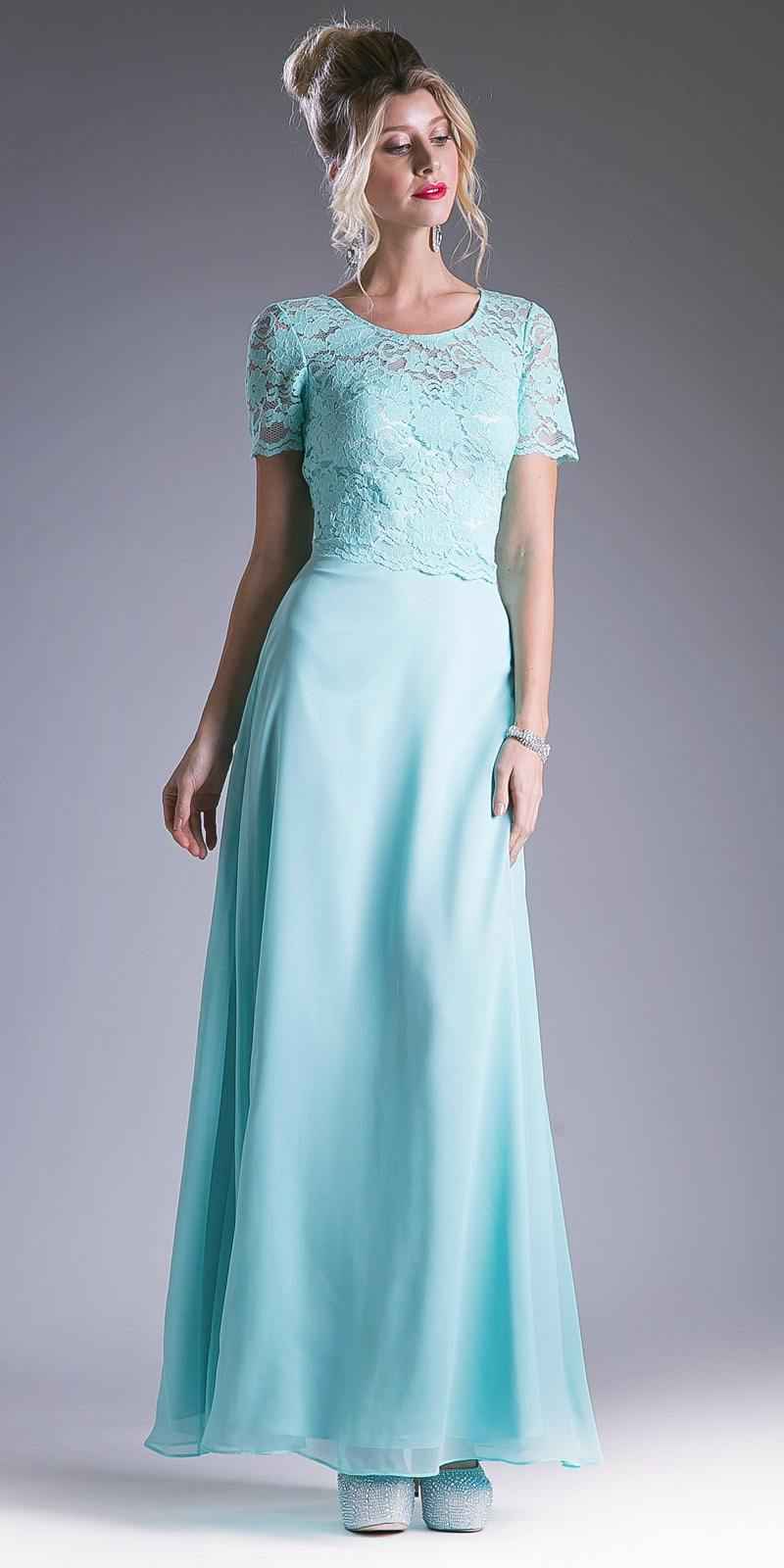 Cinderella Divine CF160 Lace Bodice Short Sleeves A-line Long Dress