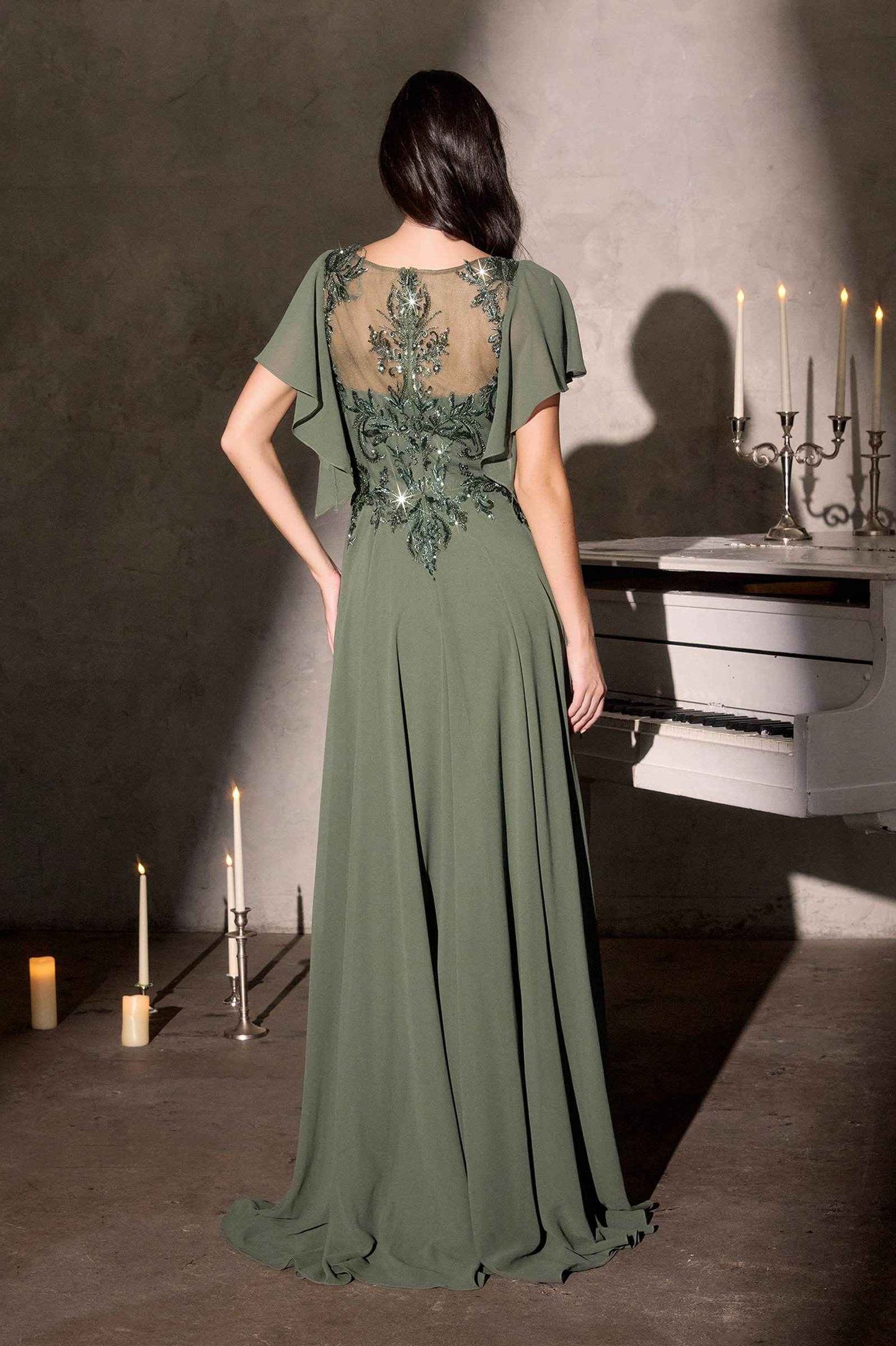 Ladivine CL09 Flutter Sleeve Illusion Neck A-Line Chiffon Gown
