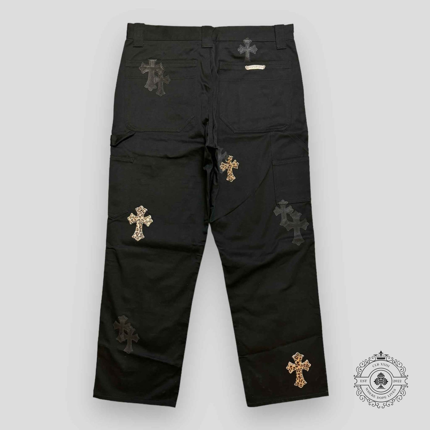 Chrome Hearts Cross Patch Double Knee Carpenter Pants in Black/Leopard