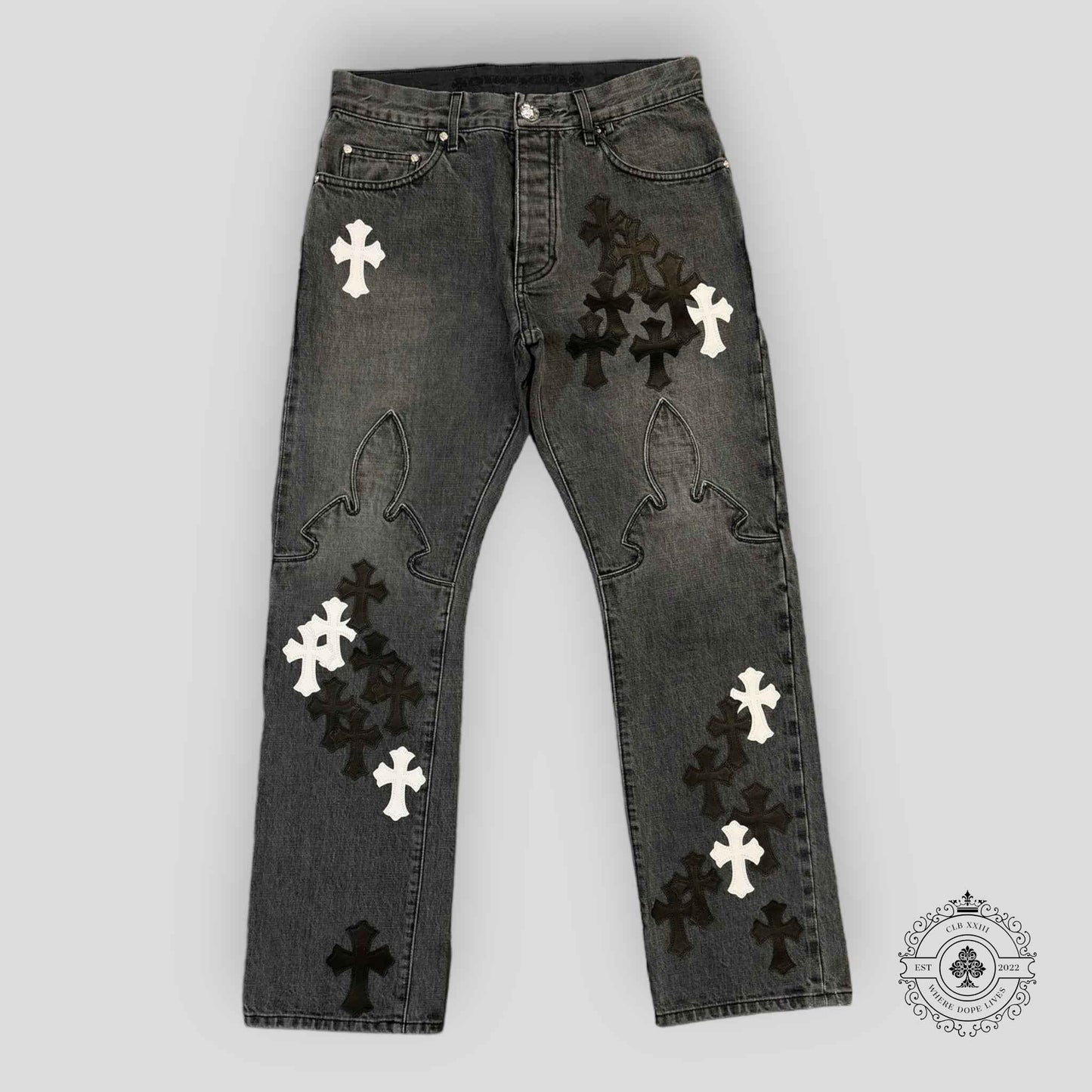 Chrome Hearts Fleur Knee Jeans in Black/White