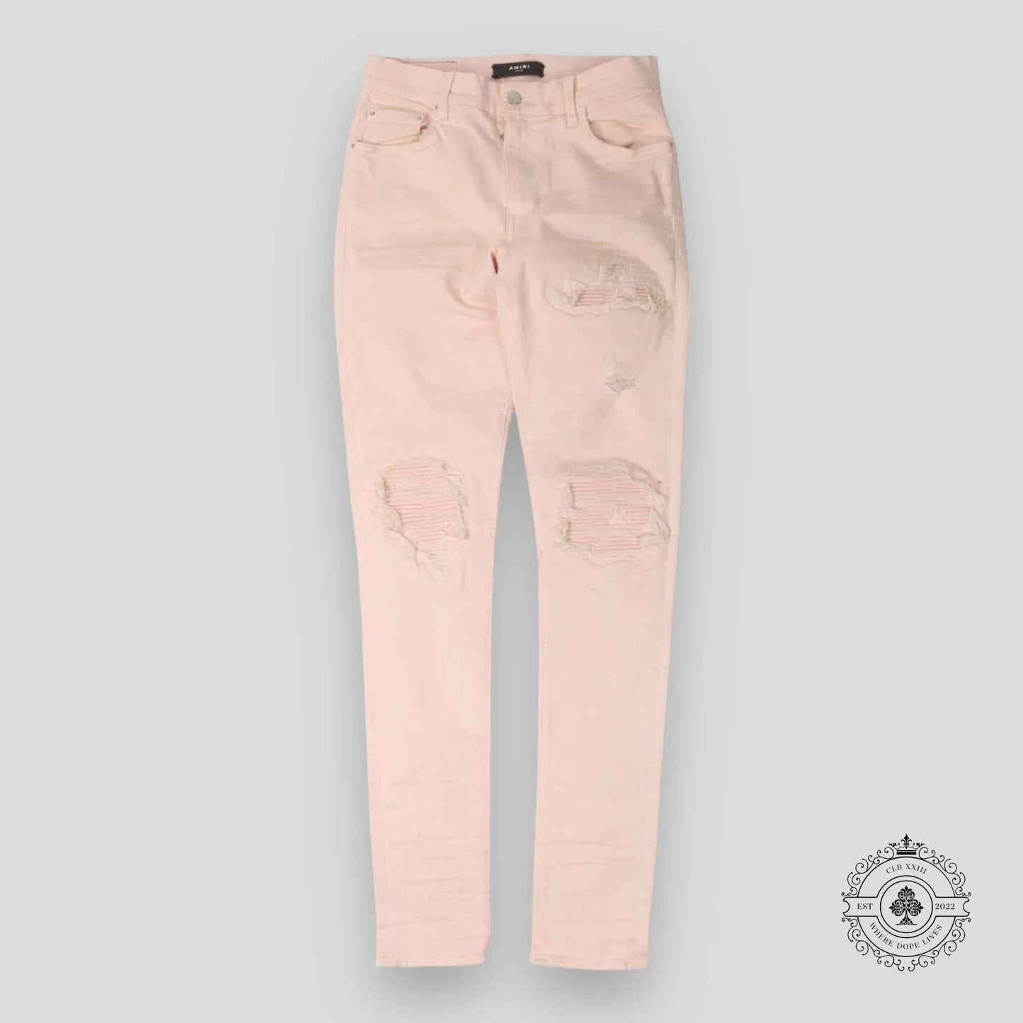 Amiri MX1 Distressed Patch Jeans in Pink