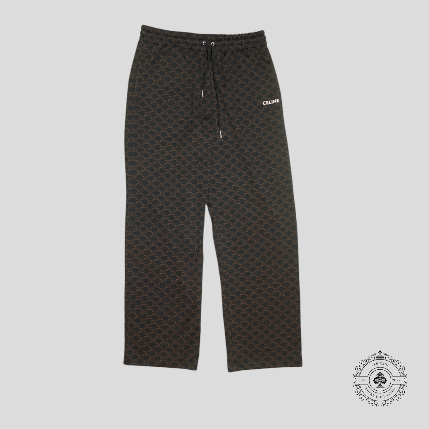 Celine Triomphe Print Double Face Jersey Track Pants in Brown