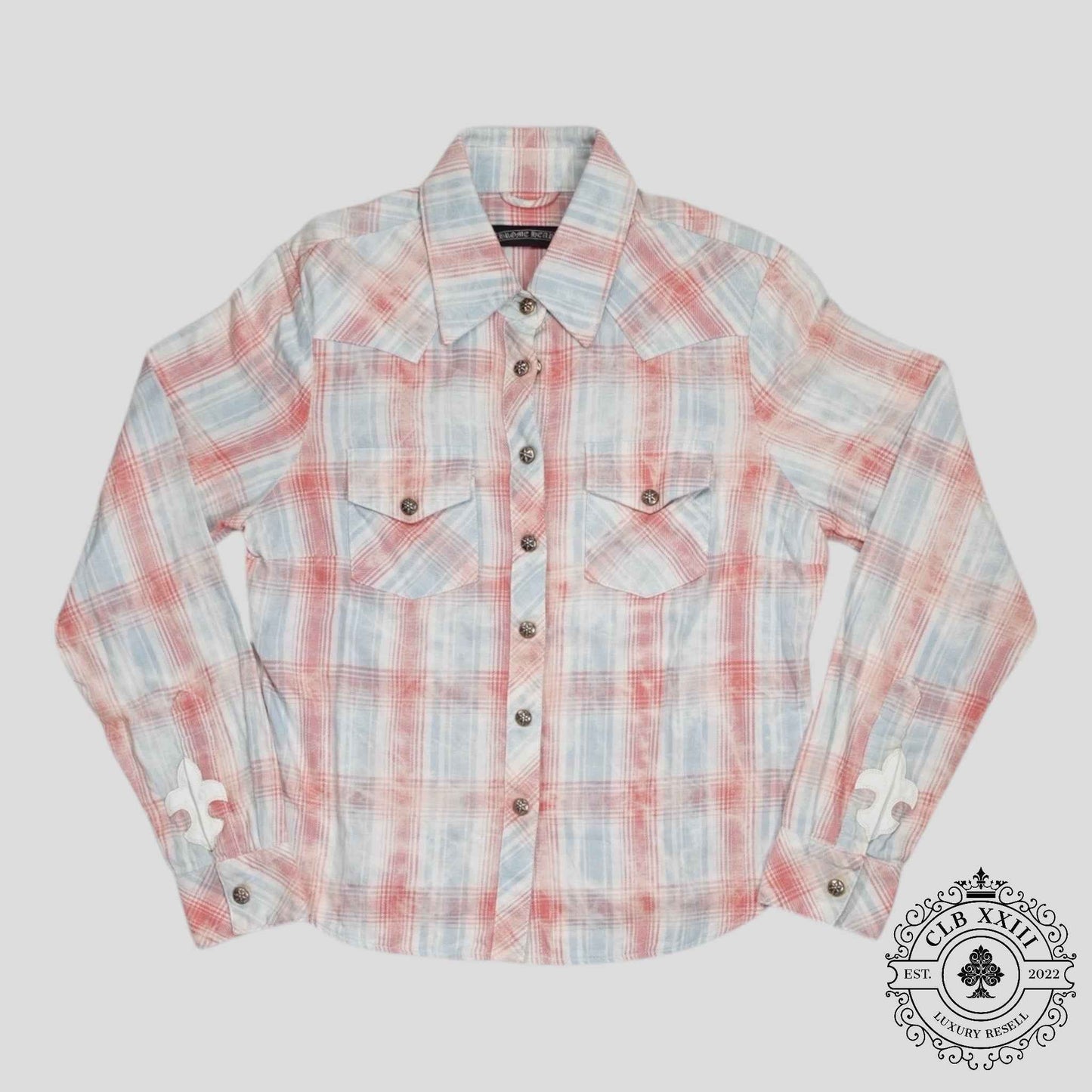 Chrome Hearts Women's Fleur Patch Flannel Shirt in Red/Blue
