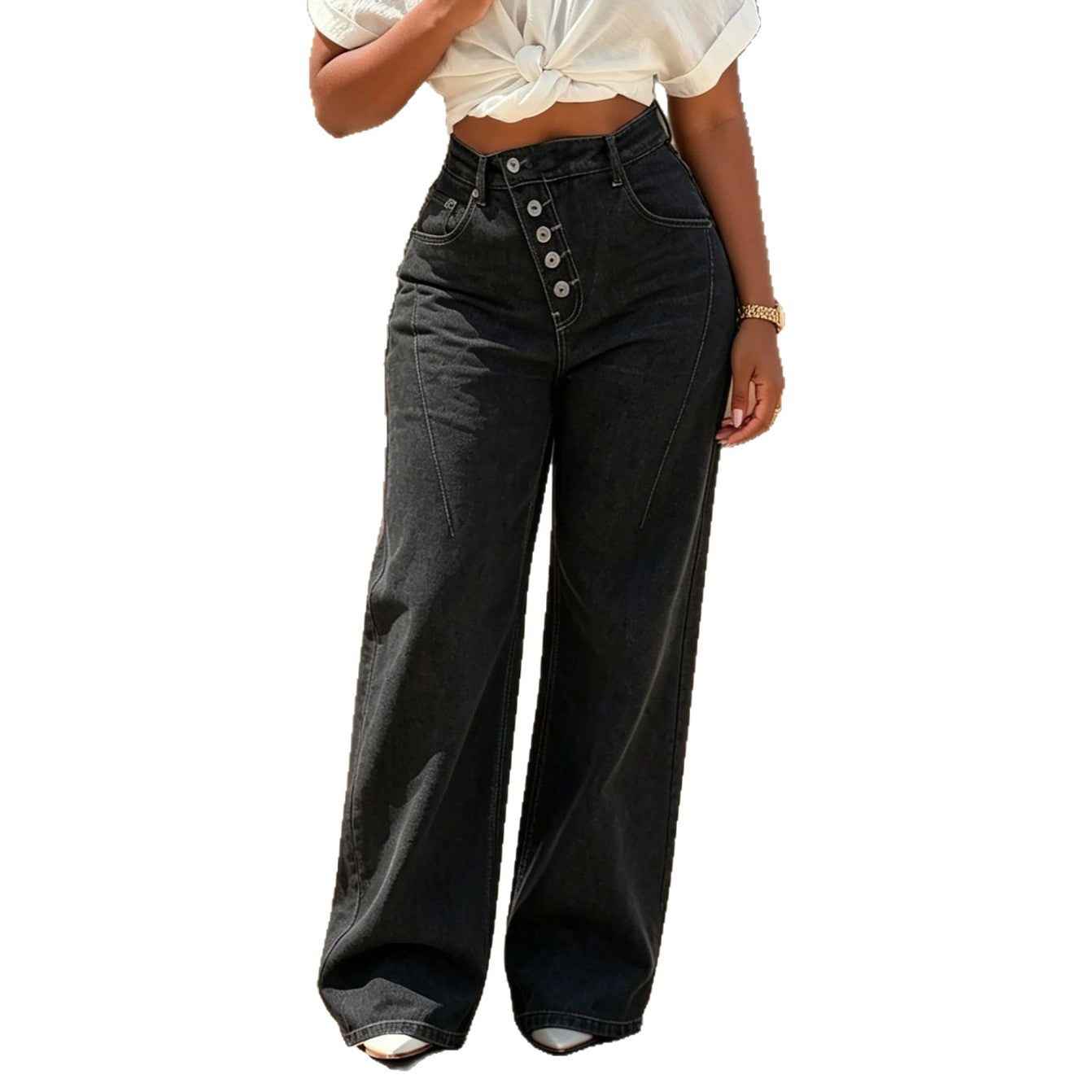 NewTopstitching Multi-button Fly Front Denim Pants