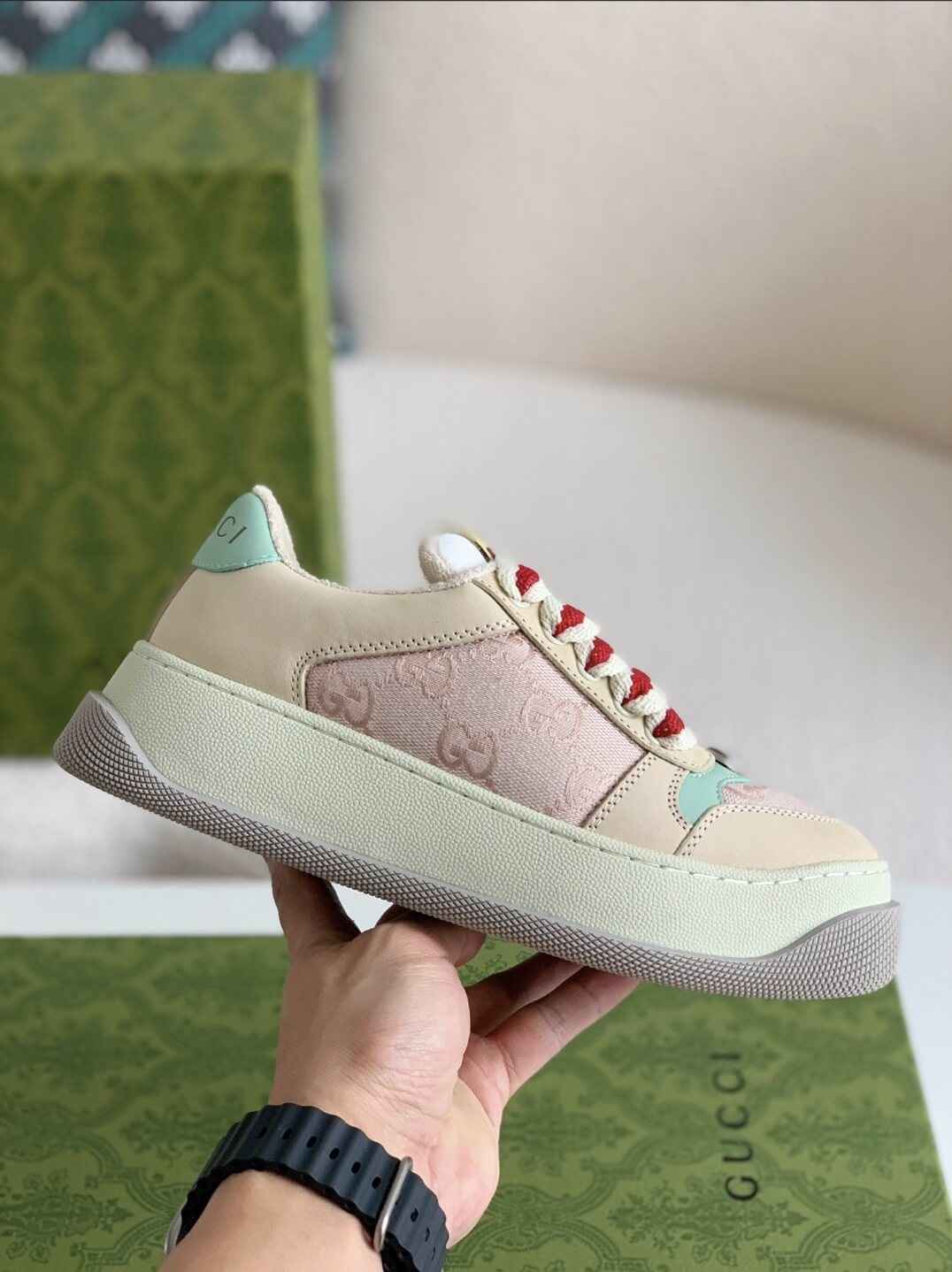 Gucci Re-Web Sneaker – Beige & Pink GG Canvas with Mint Accents