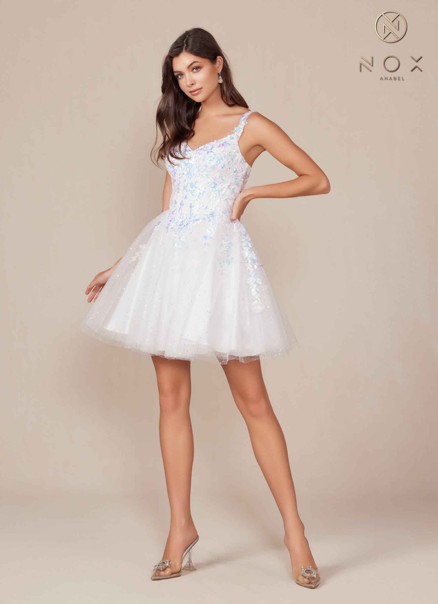 Nox Anabel H846W Short Glitter Sequin Applique White A-Line Dress