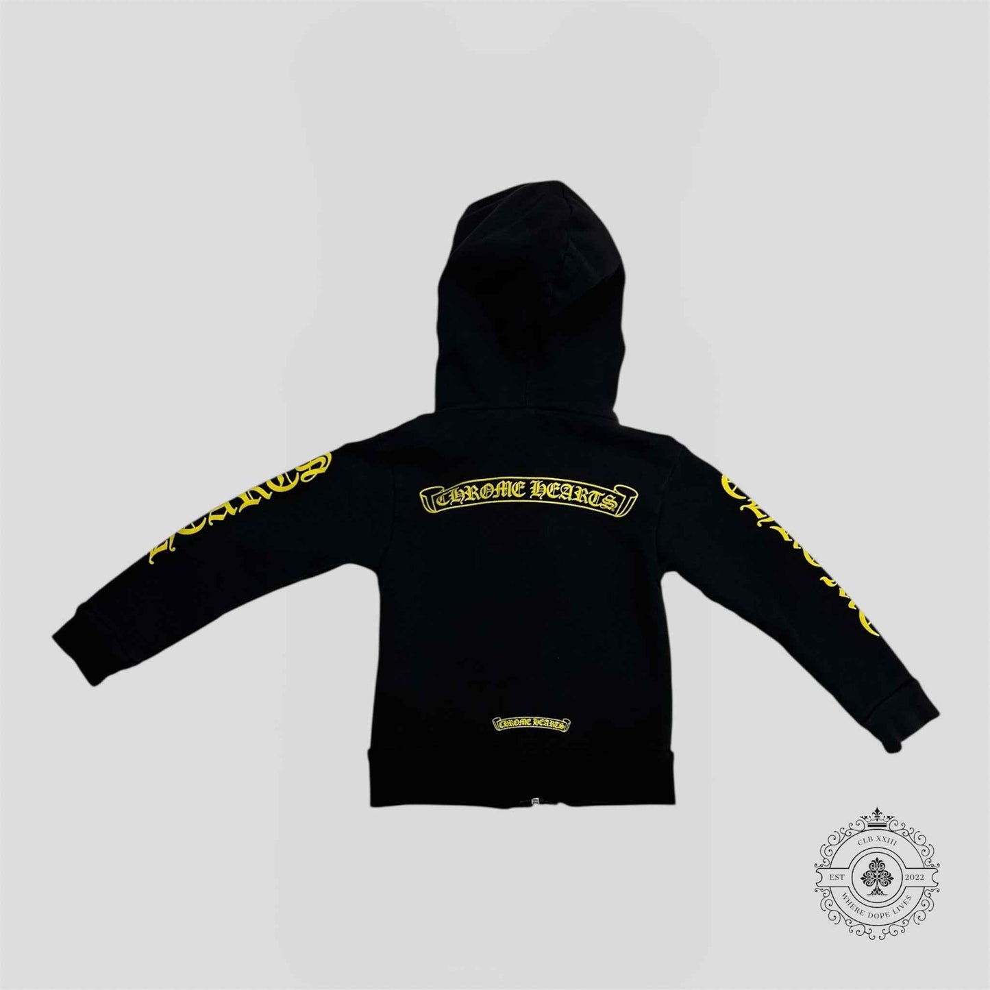 Chrome Hearts Scroll Logo Zip Up Kids Hoodie in Black/Yellow