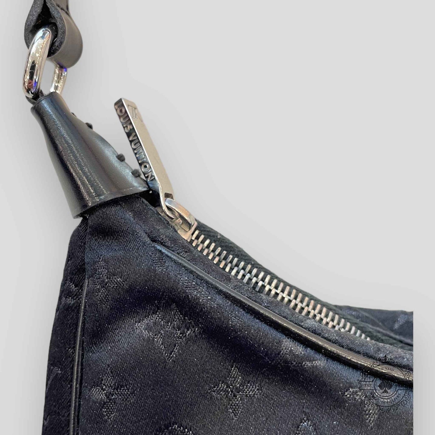 Louis Vuitton Small Black Satin & Leather Trim Monogram Boulogne Baguette