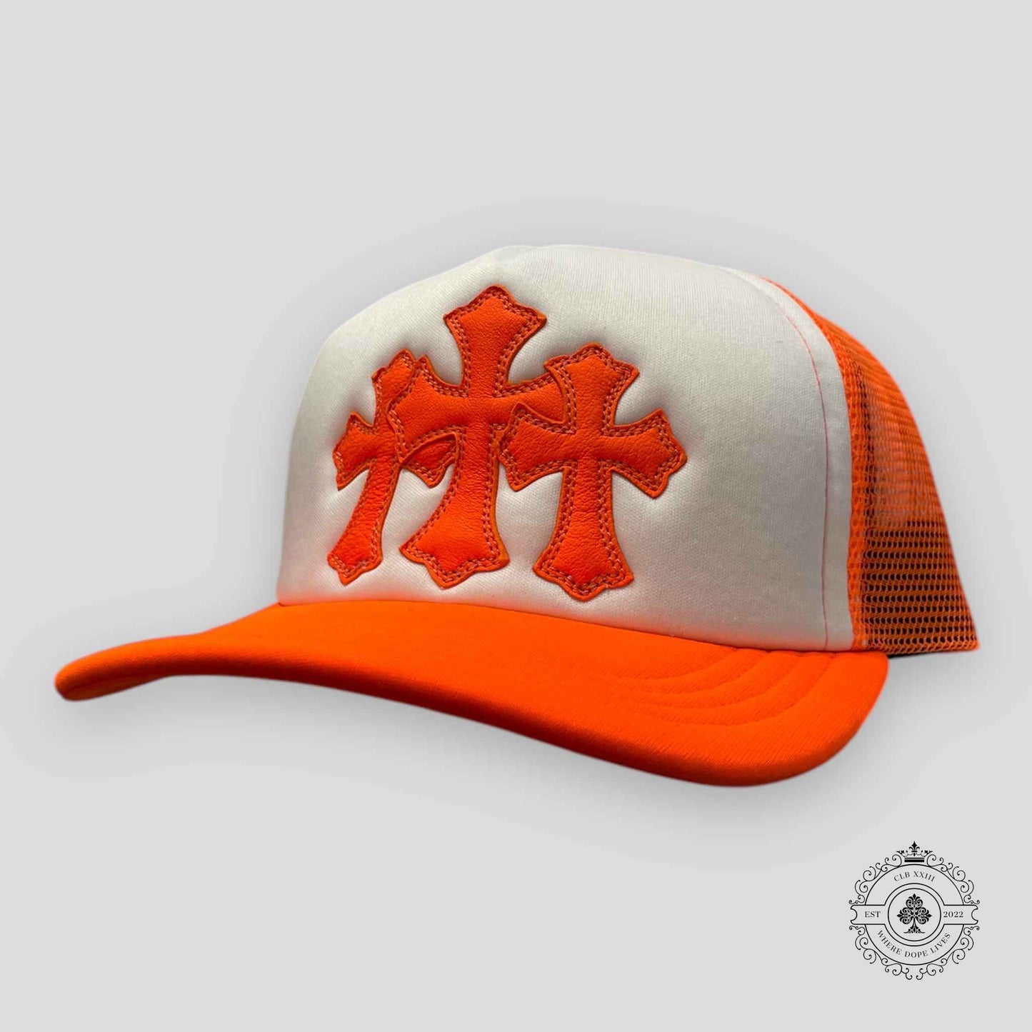 Chrome Hearts Miami Exclusive Cross Patch Trucker Hat in Orange