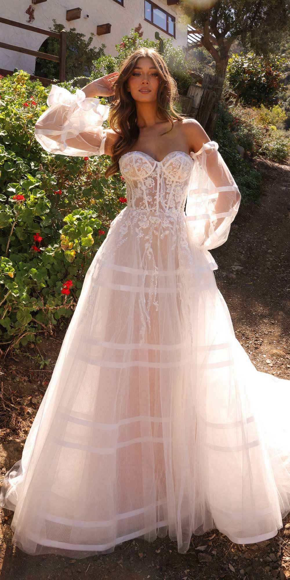 Nox Anabel JE1001L Long Puff Sleeve Strapless Corset A-Line Bridal Gown