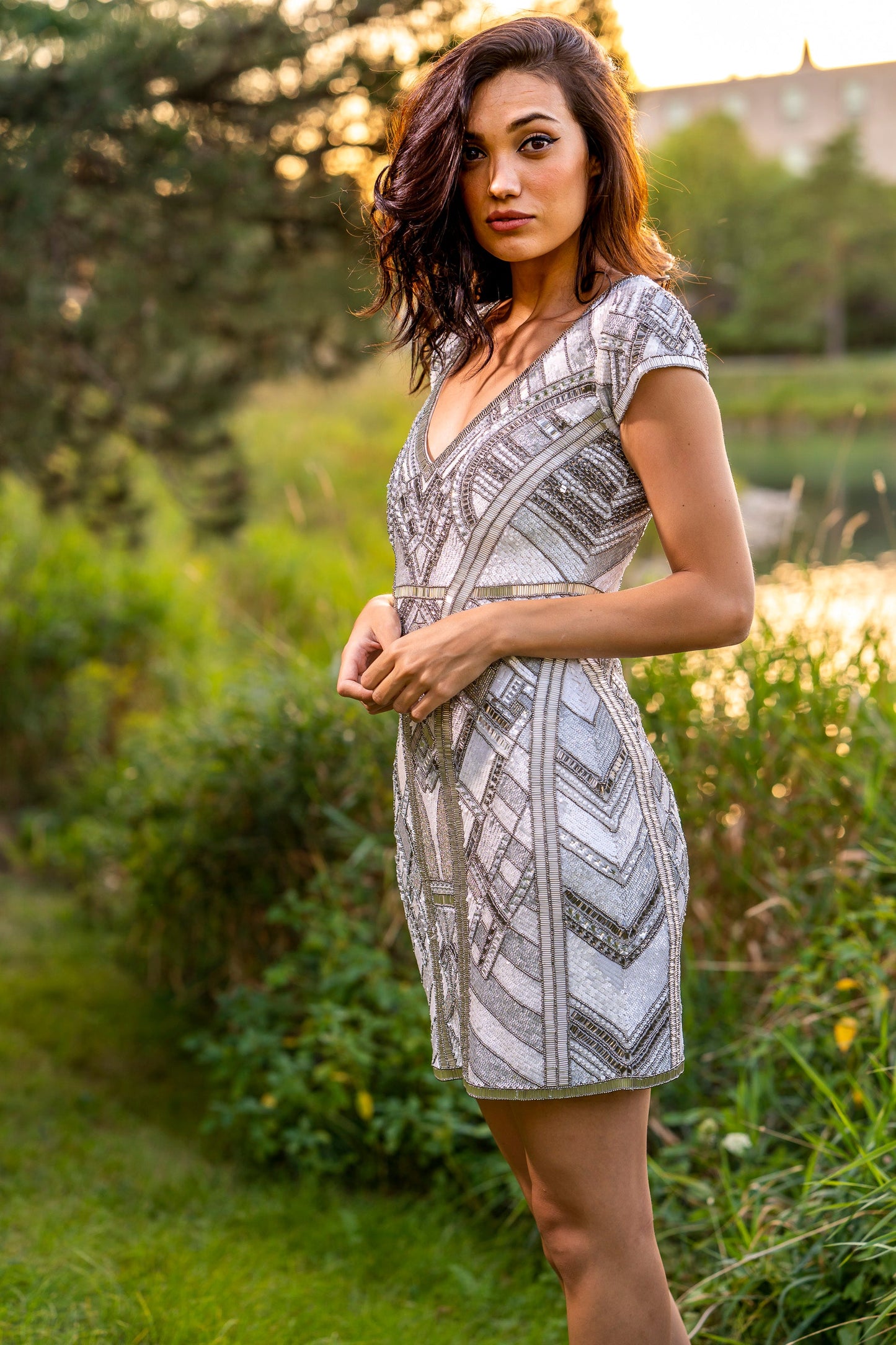 Lara 29909 - Beaded, V-neck Mini Dress - JUSTLUXURY