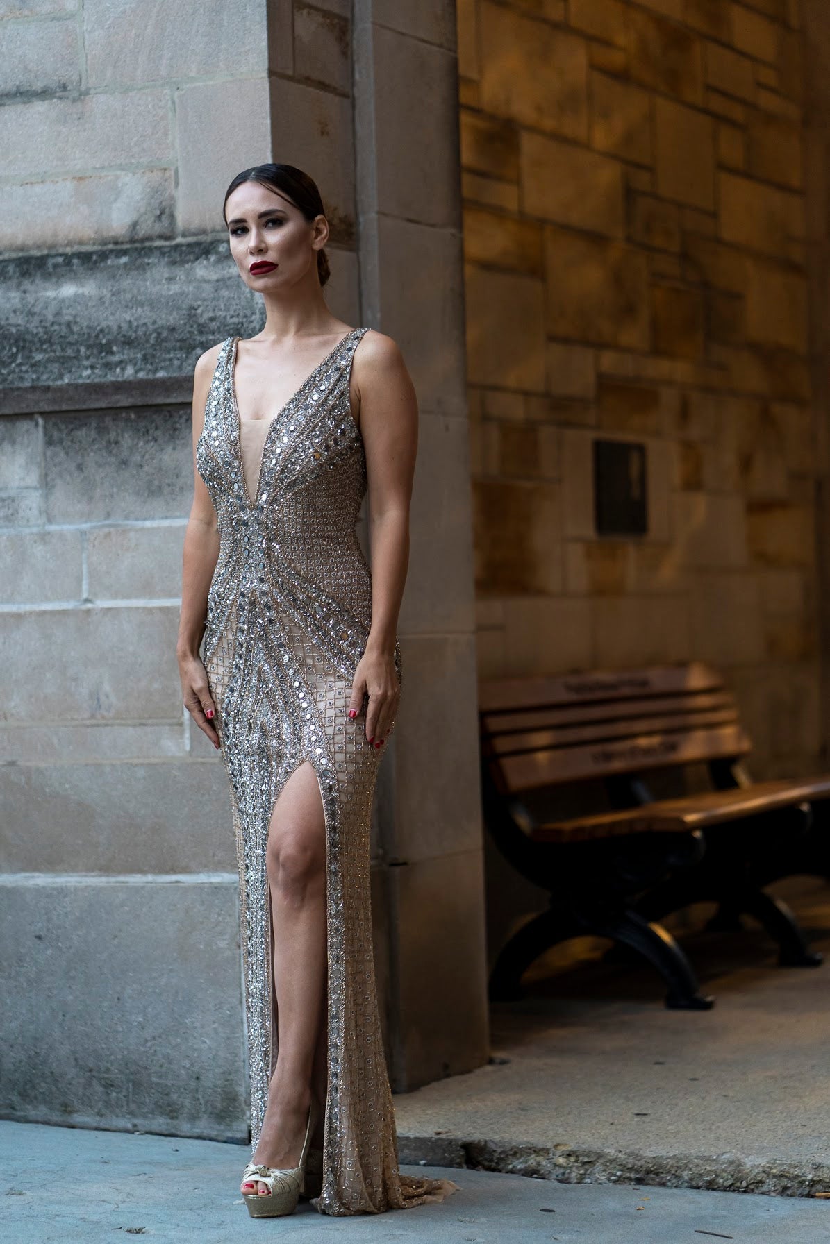 Lara 29499 - Embellished Long Dress with Thigh High Slit - JUSTLUXURY