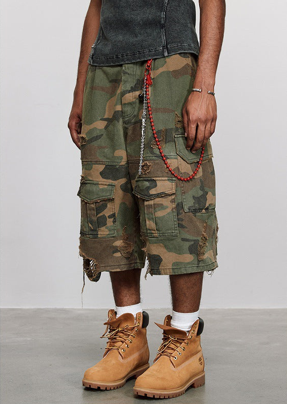Distressed Cargo Baggy Camo Shorts