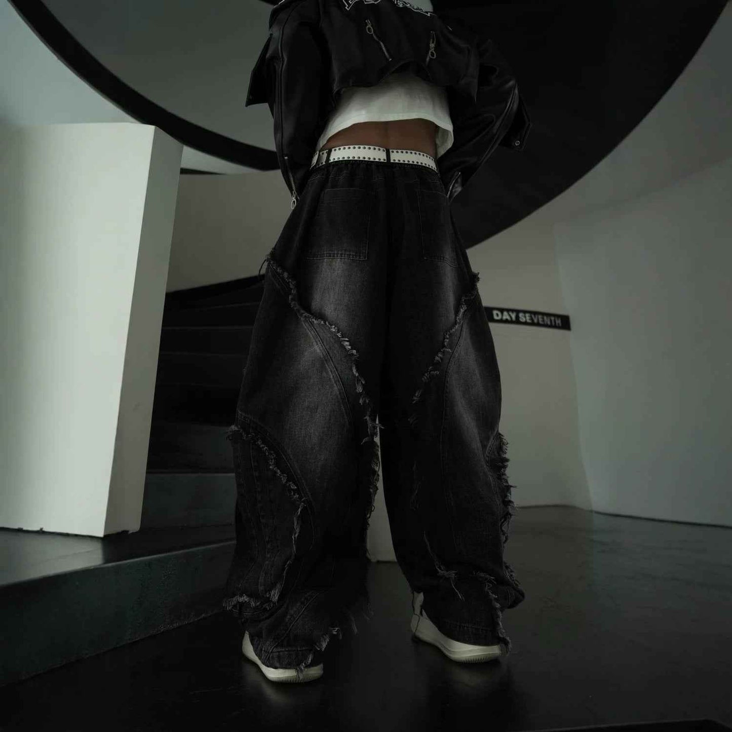 Distressed Biker Wide Leg Jeans