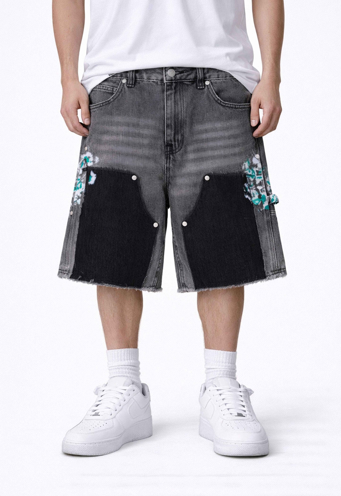 GREY SPLIT PAINTERS SHORTS