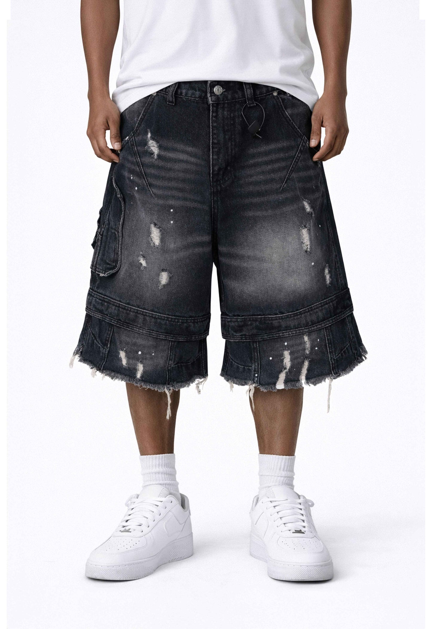NOIR DISTRESSED CARGO SHORTS