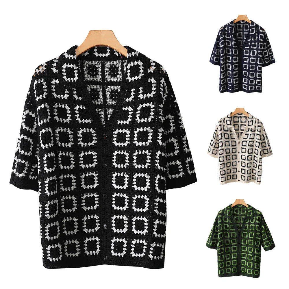 V-Neck Knitted Short Sleeve Shirt