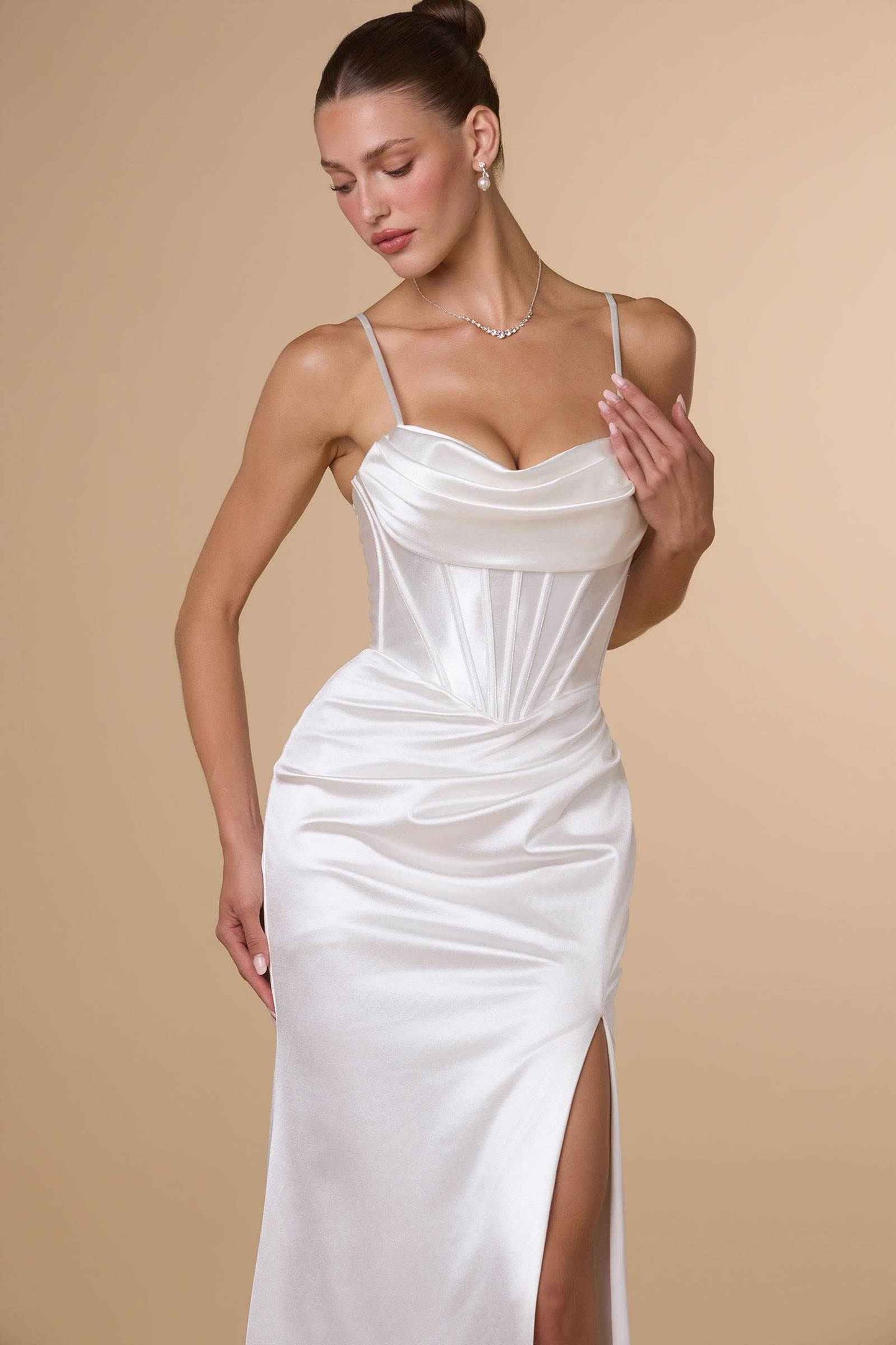 Amoris T815W Fitted Sultry Stretch Satin Bustier Bodice Off White Dress