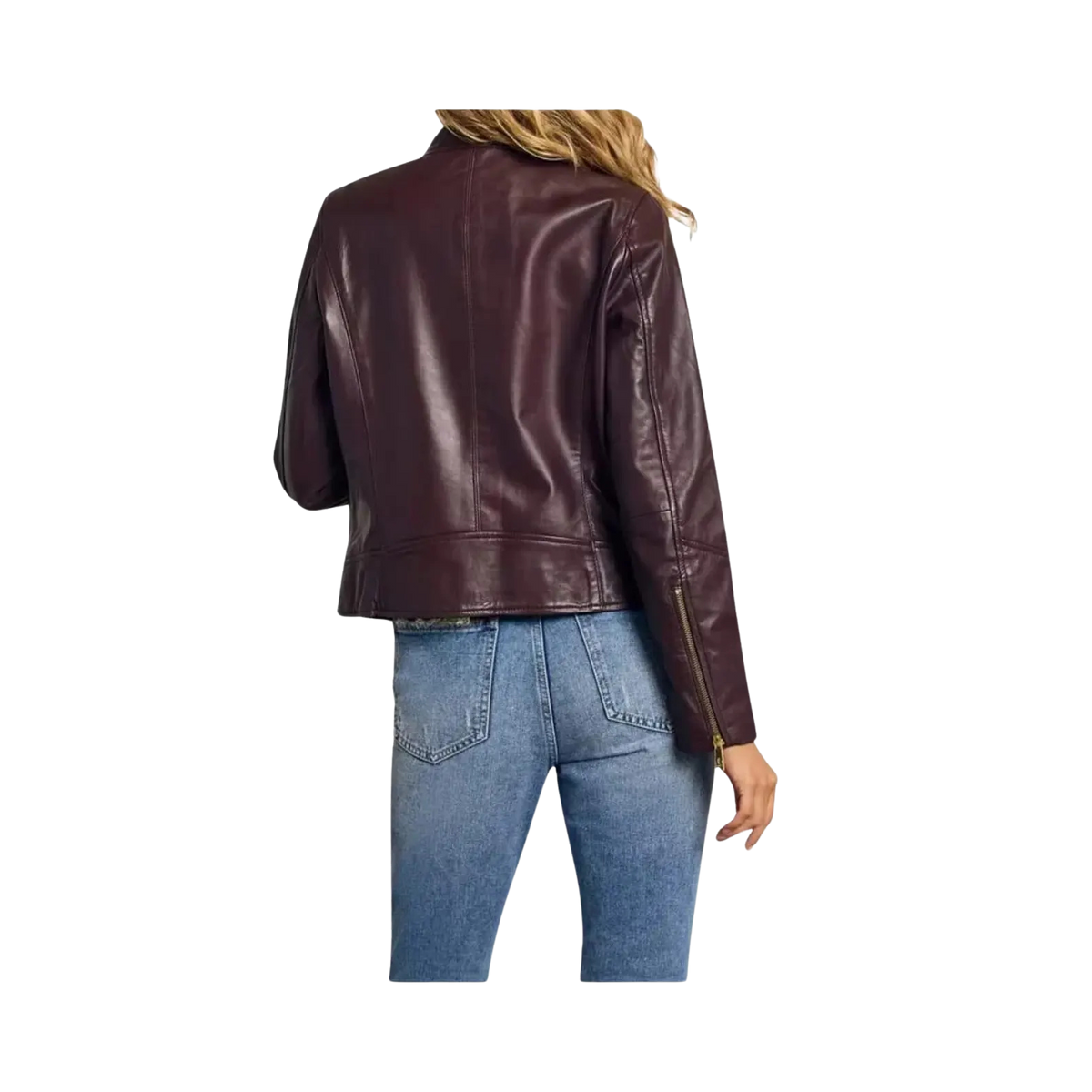 Women's Maroon Leather Biker Jacket with Snap-Tab Collar