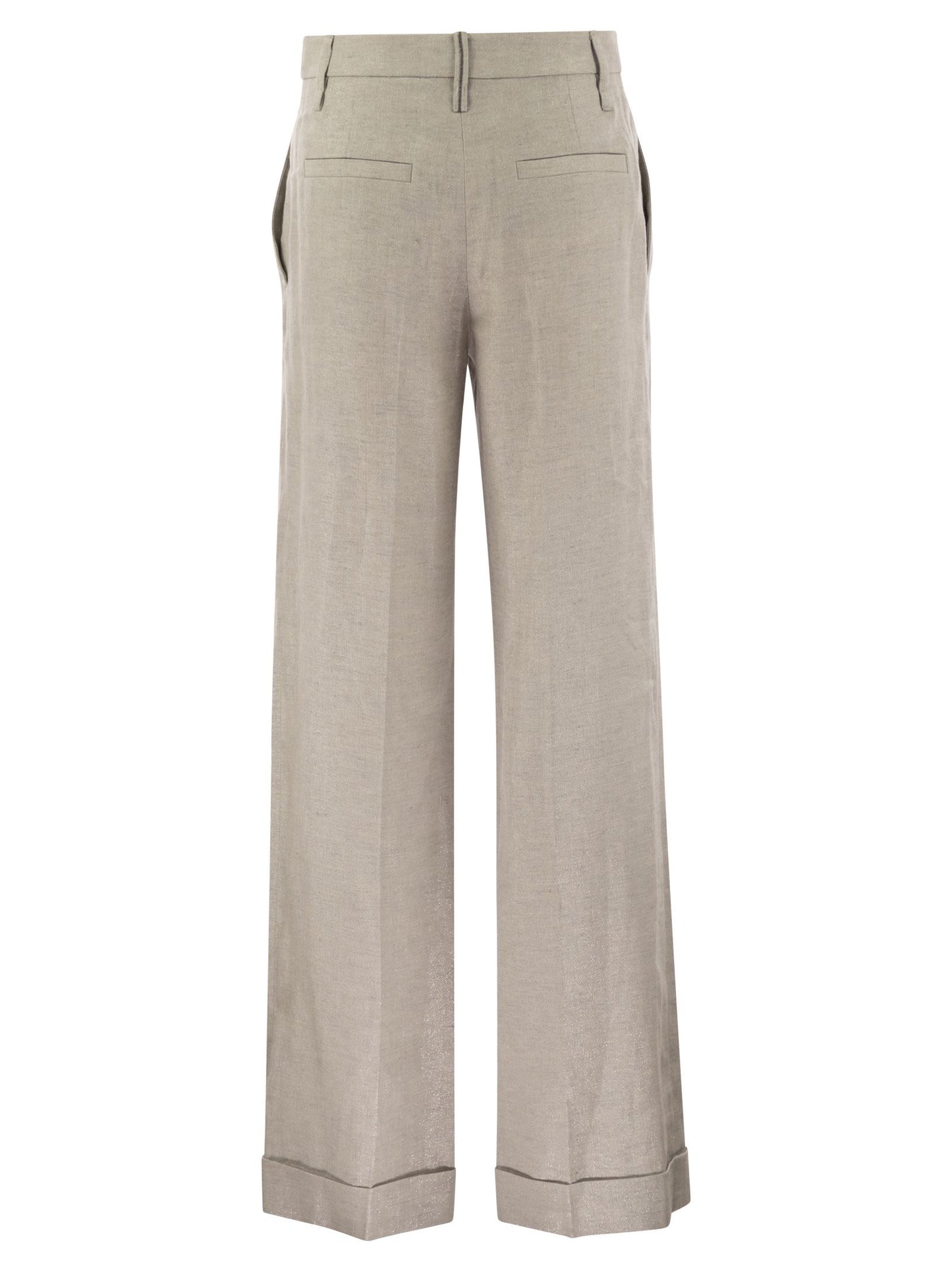 Brunello Cucinelli Women Flared Loose-Fitting Trousers In Sparkling Linen Twill With Necklace