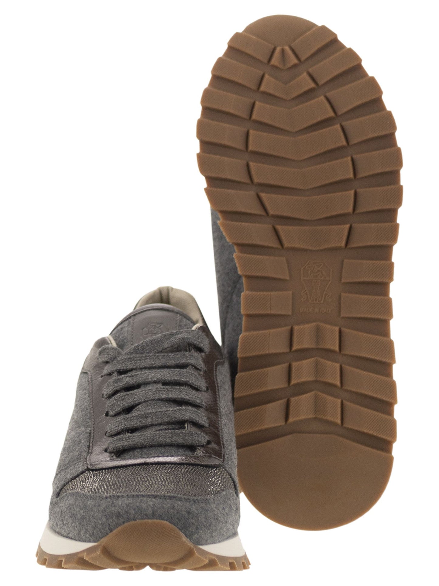 Brunello Cucinelli Women Runners In Virgin Wool Flannel And Lamé Calfskin With Precious Toe