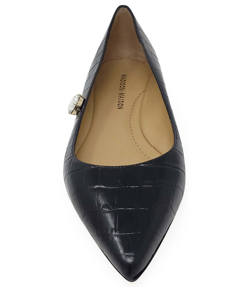 Black Leather Croc Print Flat Pointy Ballet - JUSTLUXURY