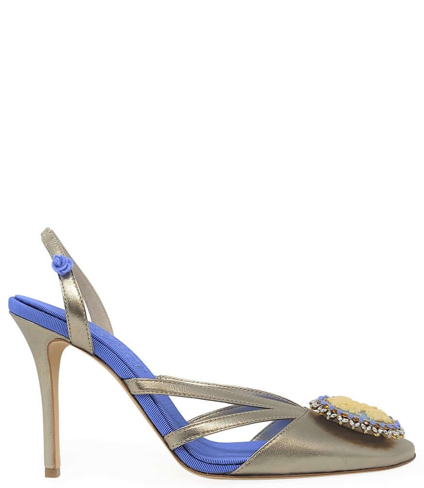 Blue Gold Leather Cameo High Heel Slingback - JUSTLUXURY