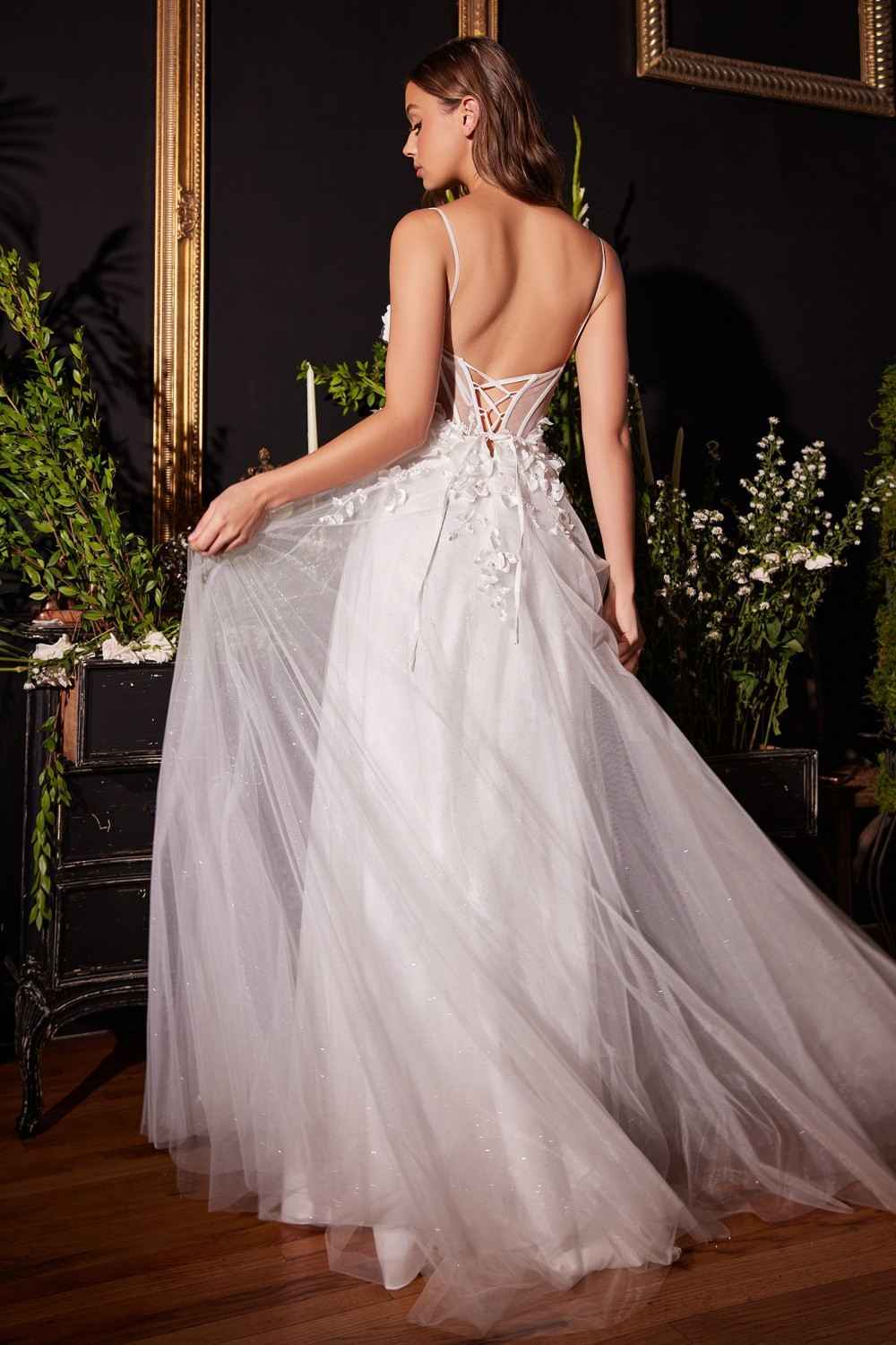 Ladivine CM321W Floor Length Floral Applique A-Line Tulle Bridal Gown