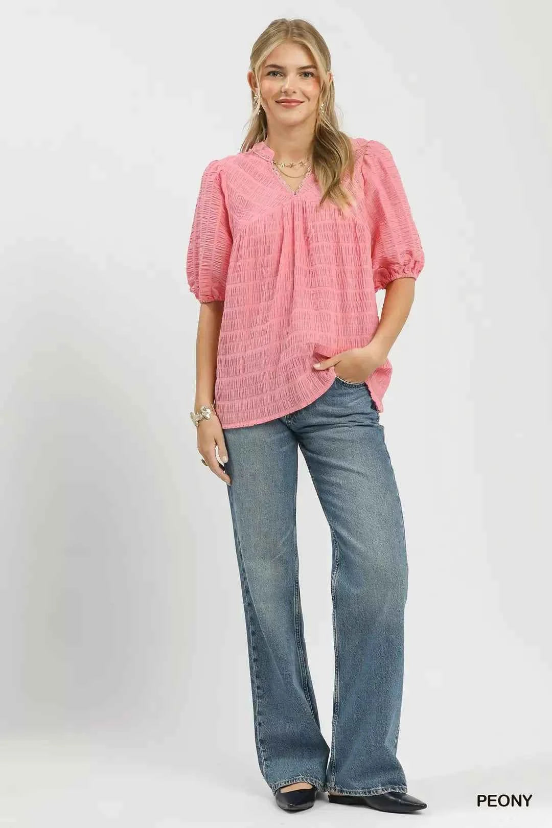 Umgee Textured Puff Sleeve Blouse
