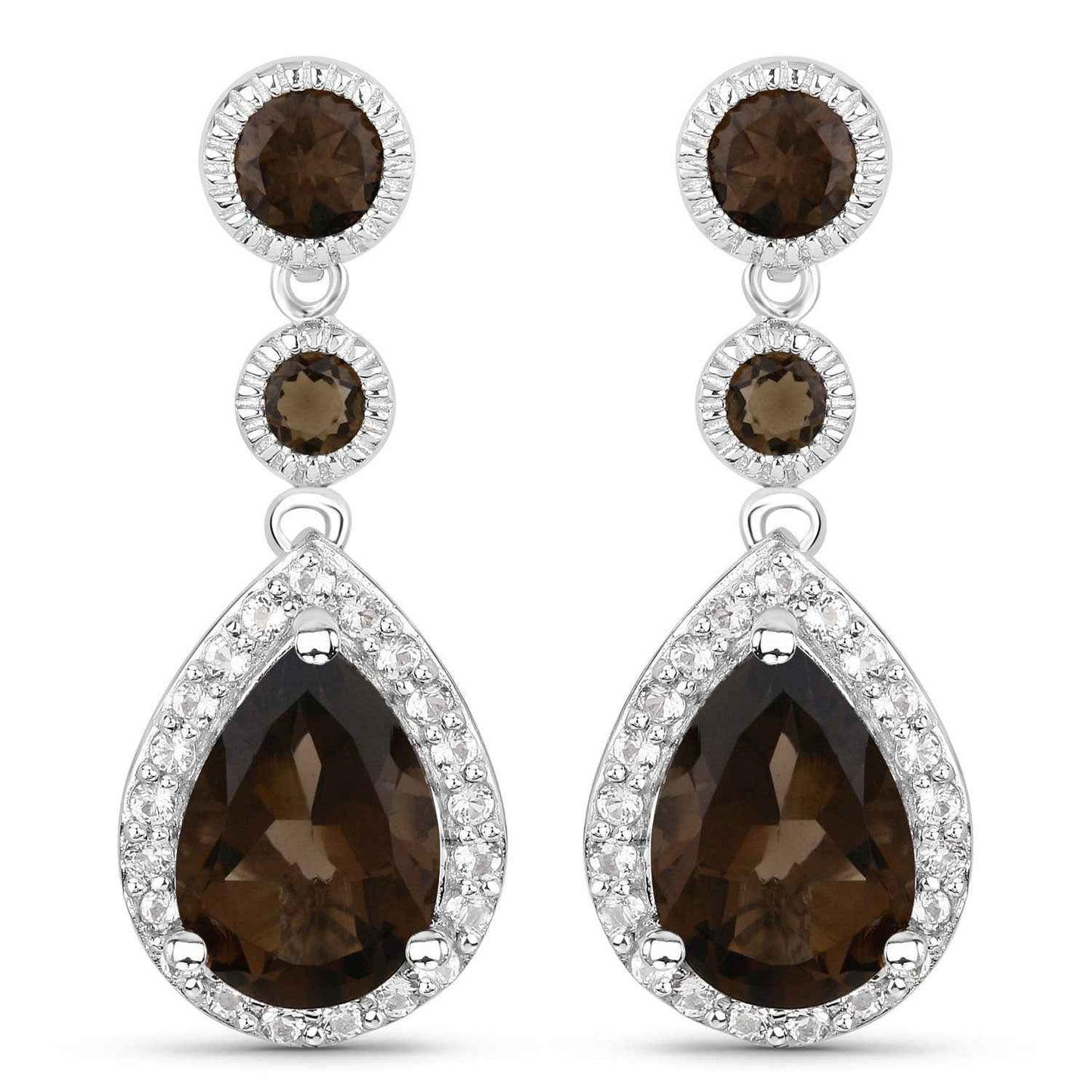 7.34 Carat Genuine Smoky Quartz and White Topaz .925 Sterling Silver Earrings