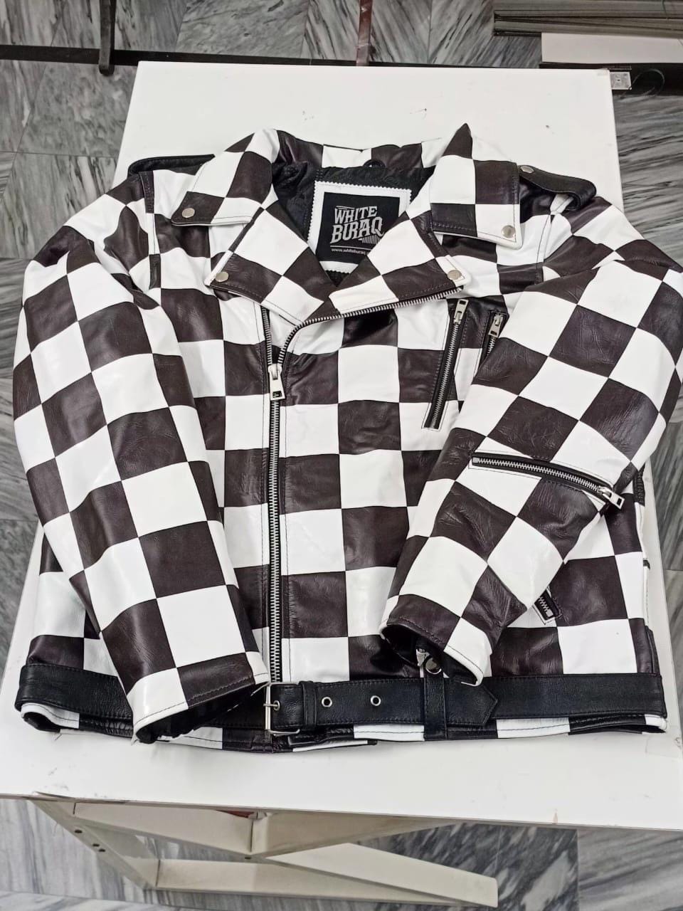 Men's Black and White Checkered Leather Motorcycle Jacket