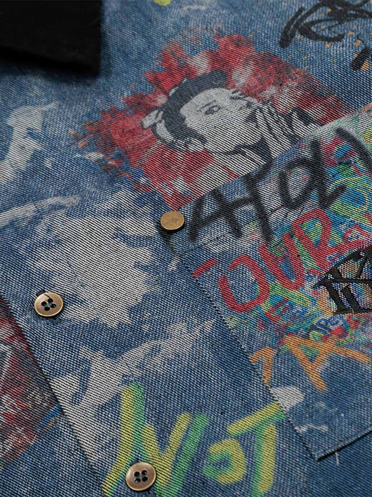 Tie-Dye Denim Graffiti Polo T-Shirt - Luxuryurbanwear