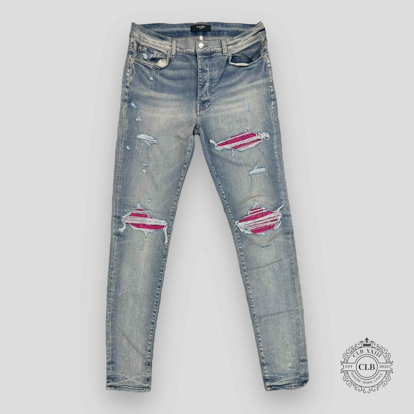 AMIRI MX1 CRACKED PAINT JEANS - CLAY INDIGO/PINK