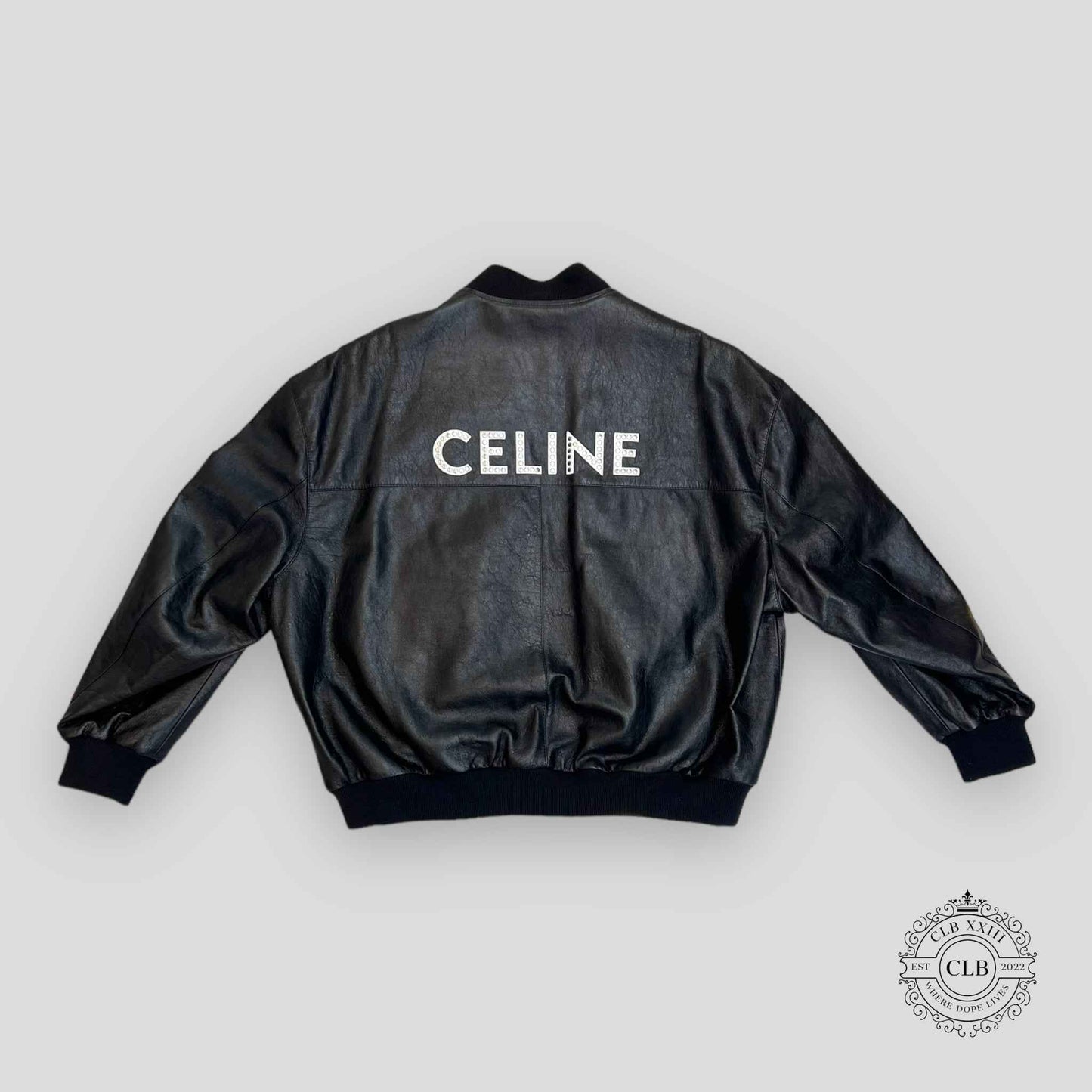 Celine Homme Studded Logo Leather Bomber Jacket in Black