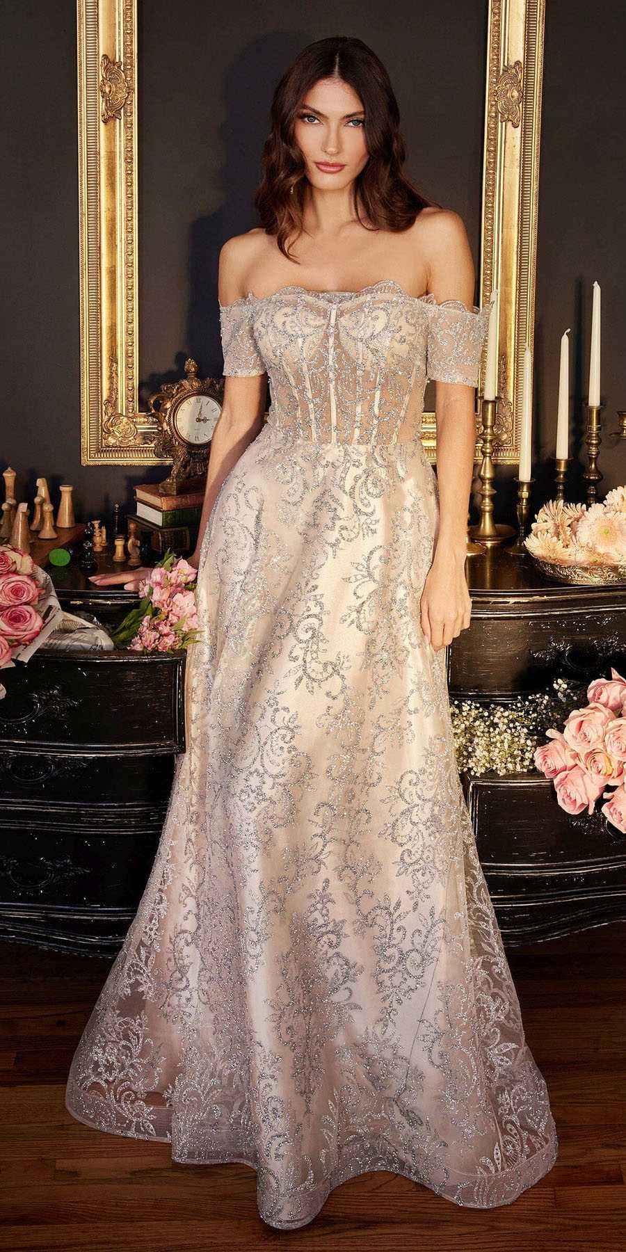 Ladivine J835 Floor Length Off the Shoulder A-line Glitter Print Gown