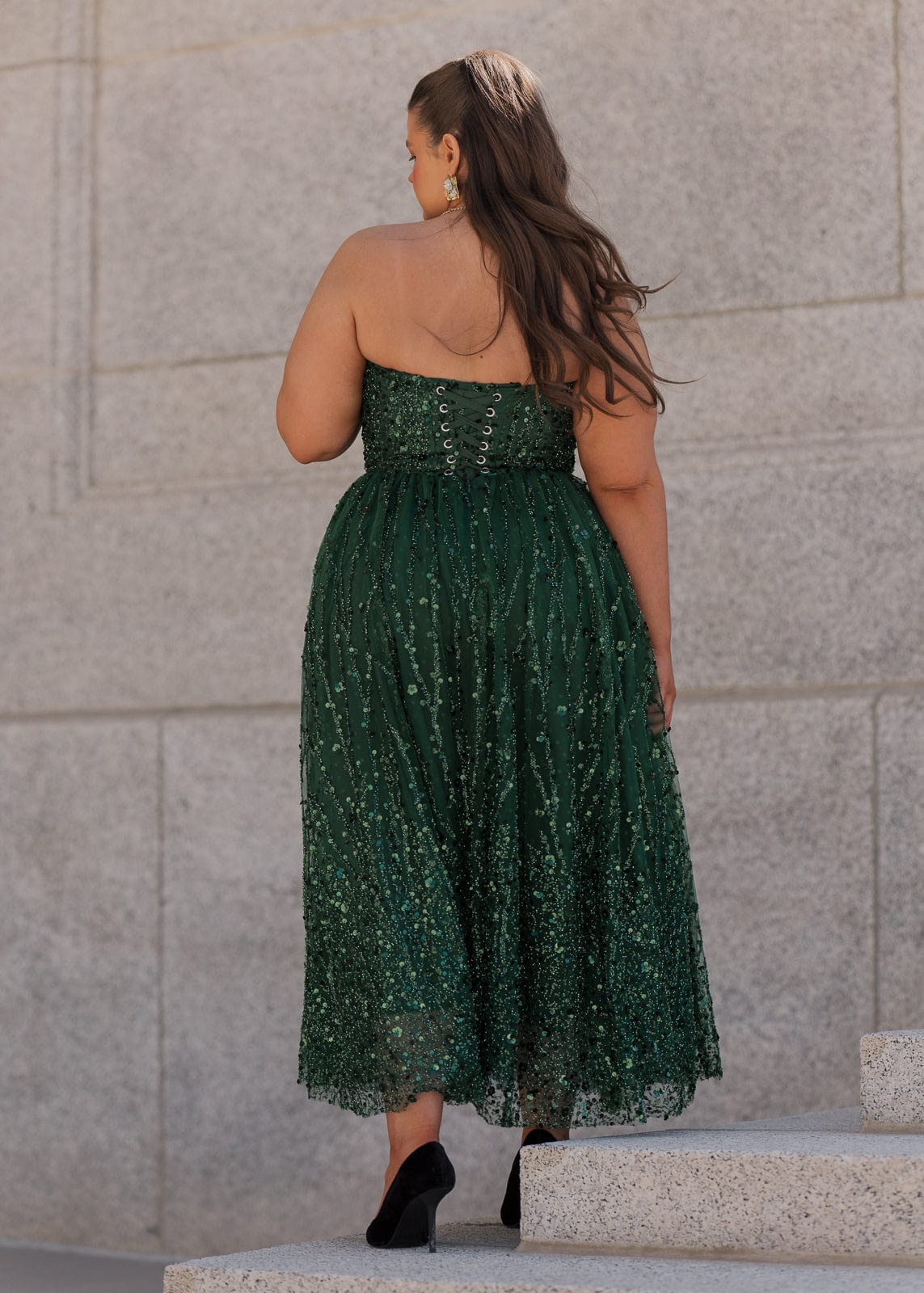 Elphie Strapless Sequin Corset Midi Dress - Green