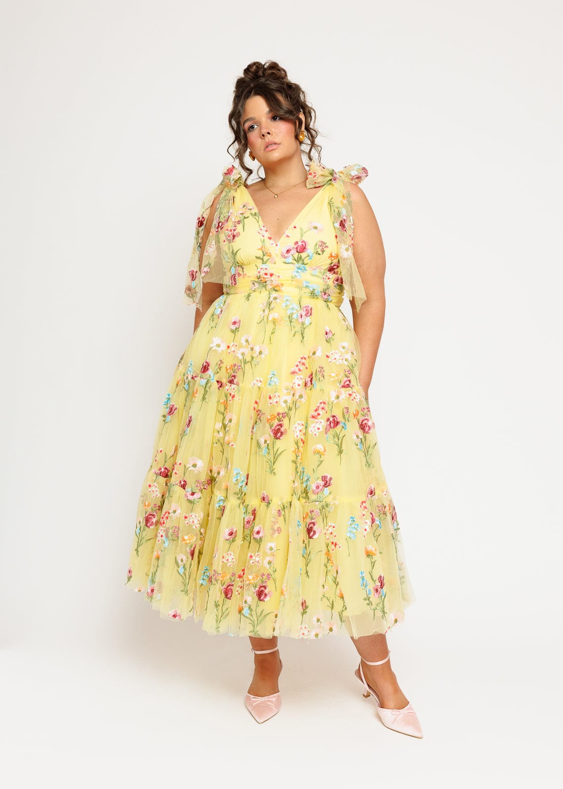 Margaret Floral Embroidered Midi Dress Yellow - JUSTLUXURY