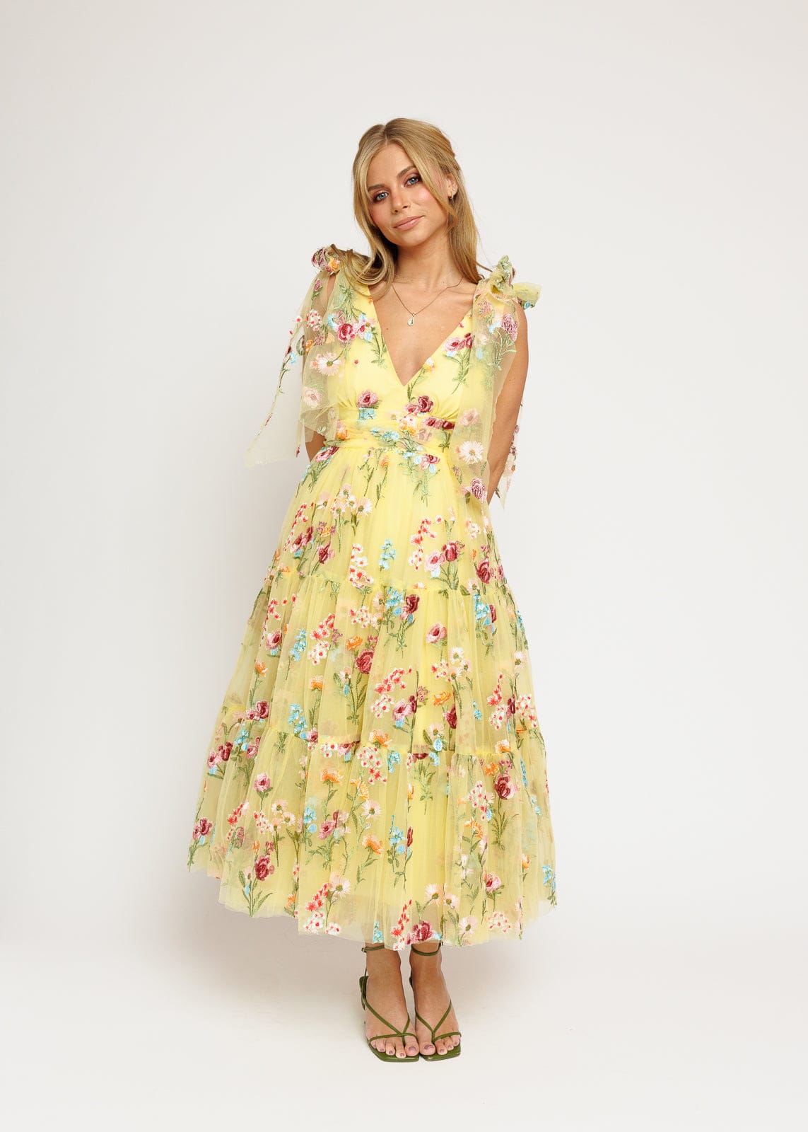 Margaret Floral Embroidered Midi Dress Yellow - JUSTLUXURY