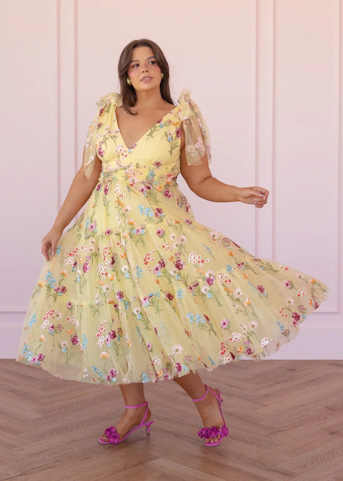 Margaret Floral Embroidered Midi Dress Yellow - JUSTLUXURY