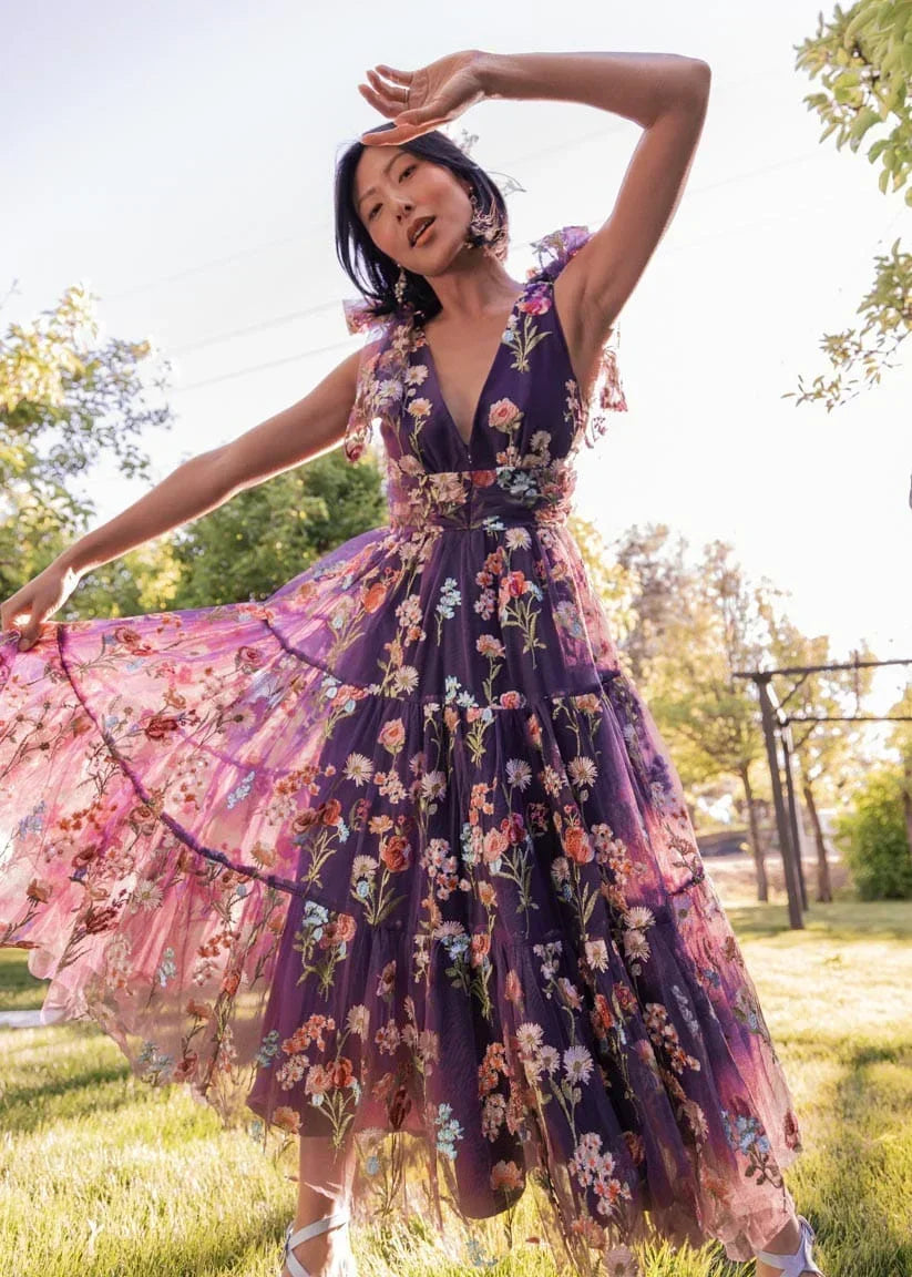 Margaret Floral Midi Dress Purple - JUSTLUXURY