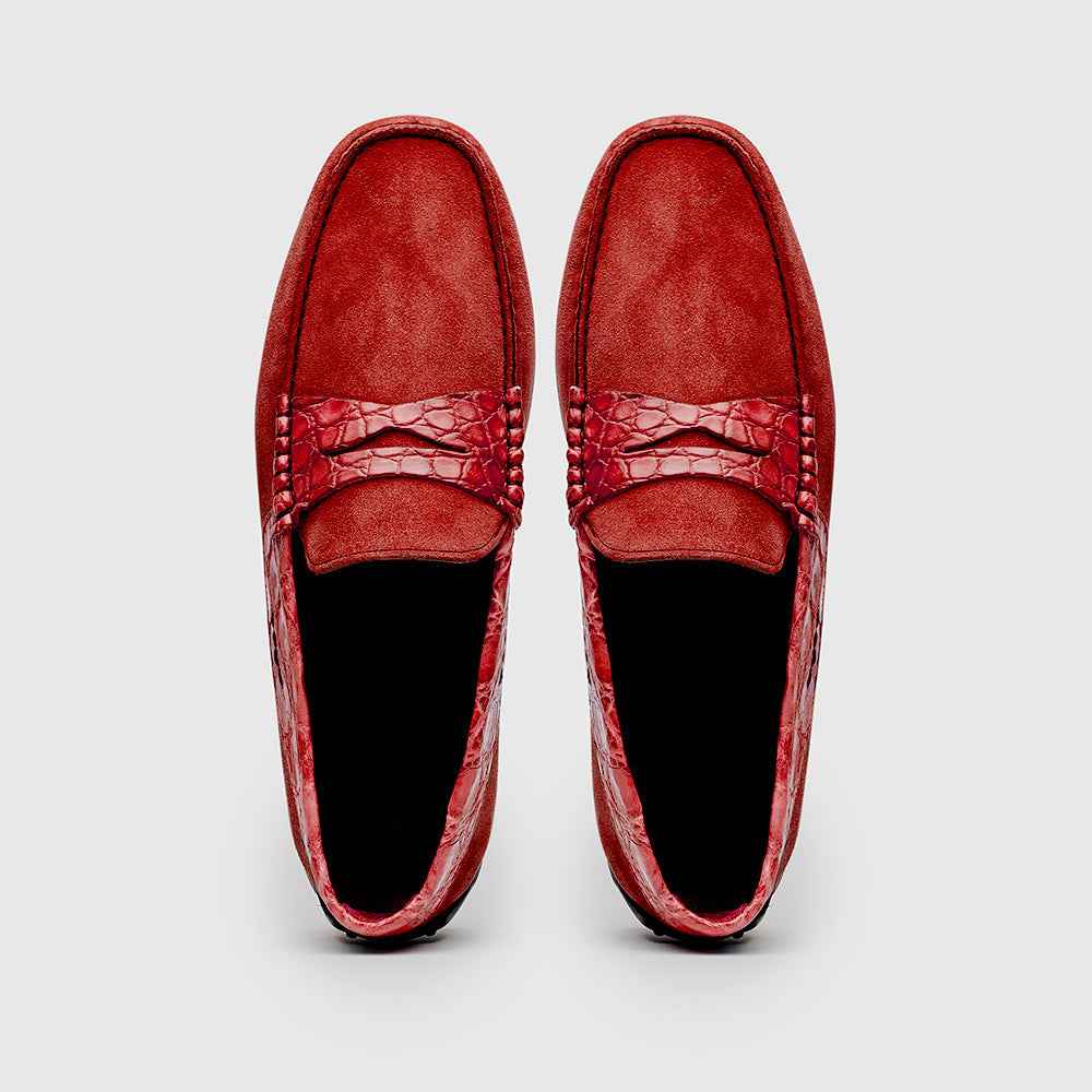 31-160-RED MONZA Sueded Calfskin with Crocodile Driver, Red