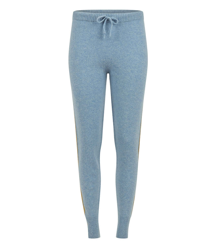 Sky Blue Cashmere Sweat Pants W/ Gold Laminated Bands - JUSTLUXURY