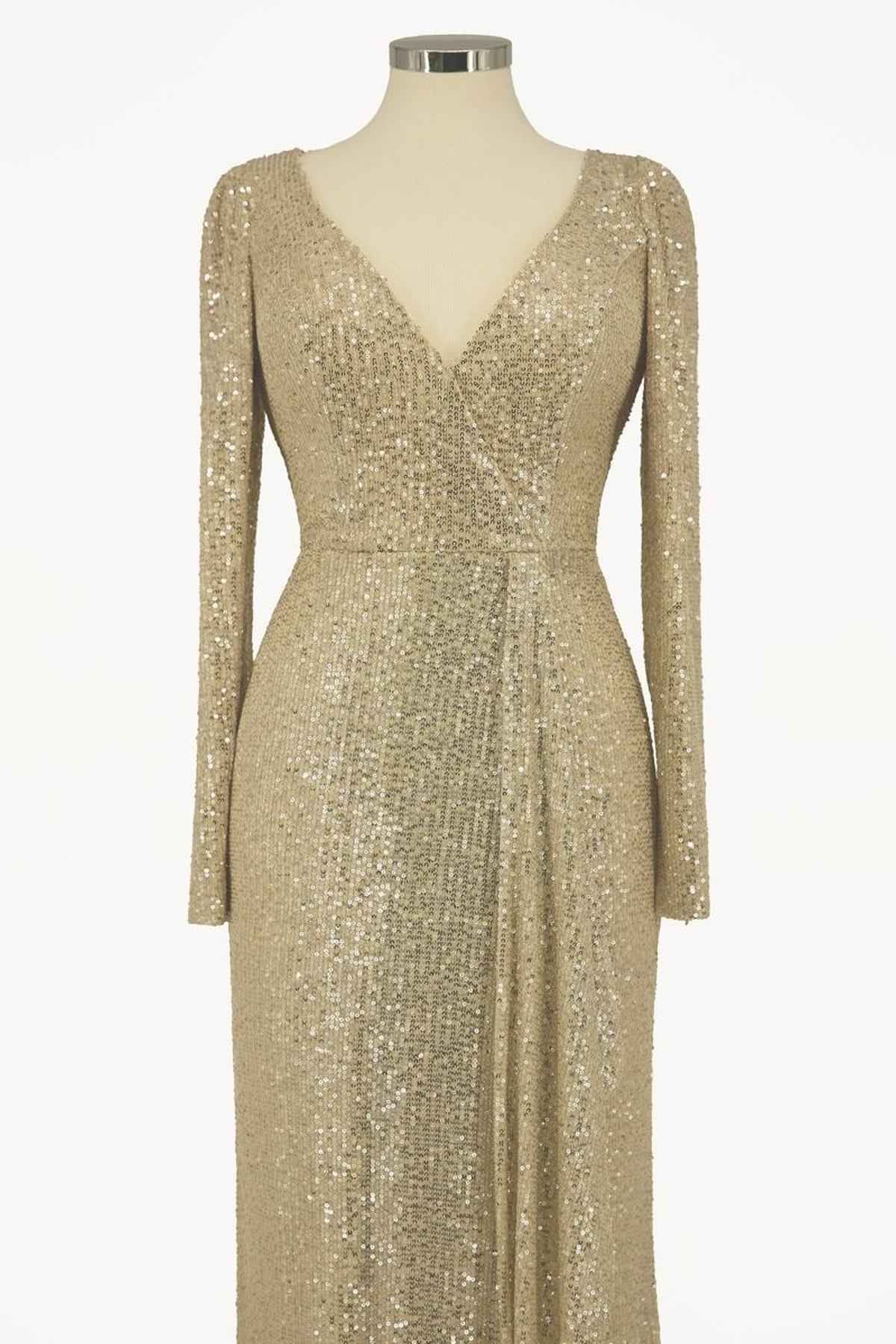 Ladivine Amoris T801 Long Sleeve Sheath Sequin Evening Gown