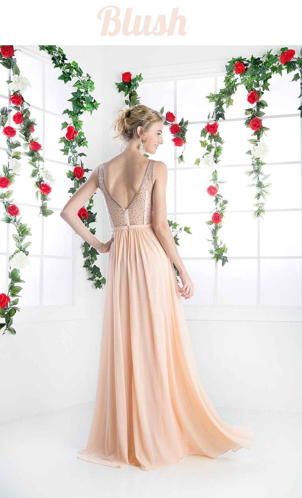 Cinderella Divine 5061 Sheer Beaded Strap Flowy Evening Dress